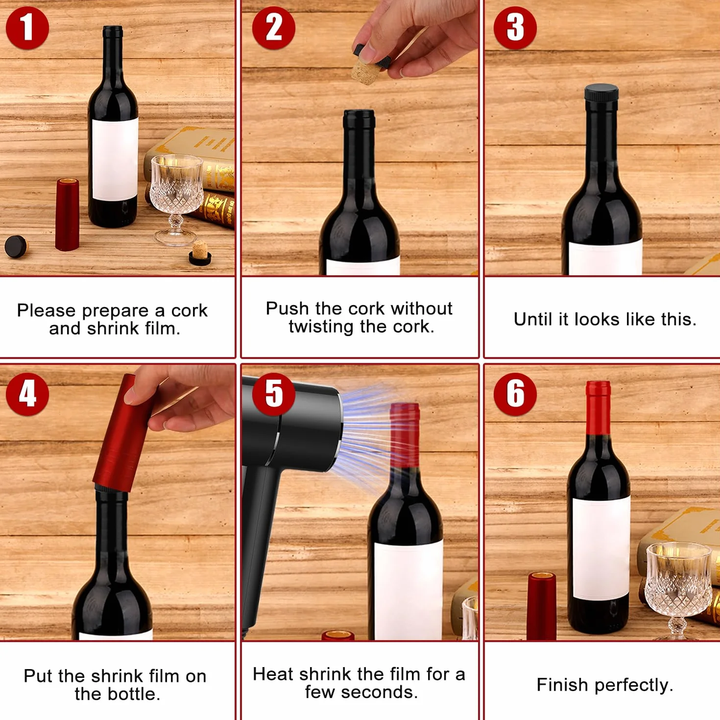 60szt Uszczelniacz Wina do Butelek Wina, Zestaw do Ponownego Zamykania Butelek Wina z Folia Termokurczliwa PVC Tasting Cork z Czarnym Plastikowym Blatem do Produkcji Piwnic i Uzytku Domowego
