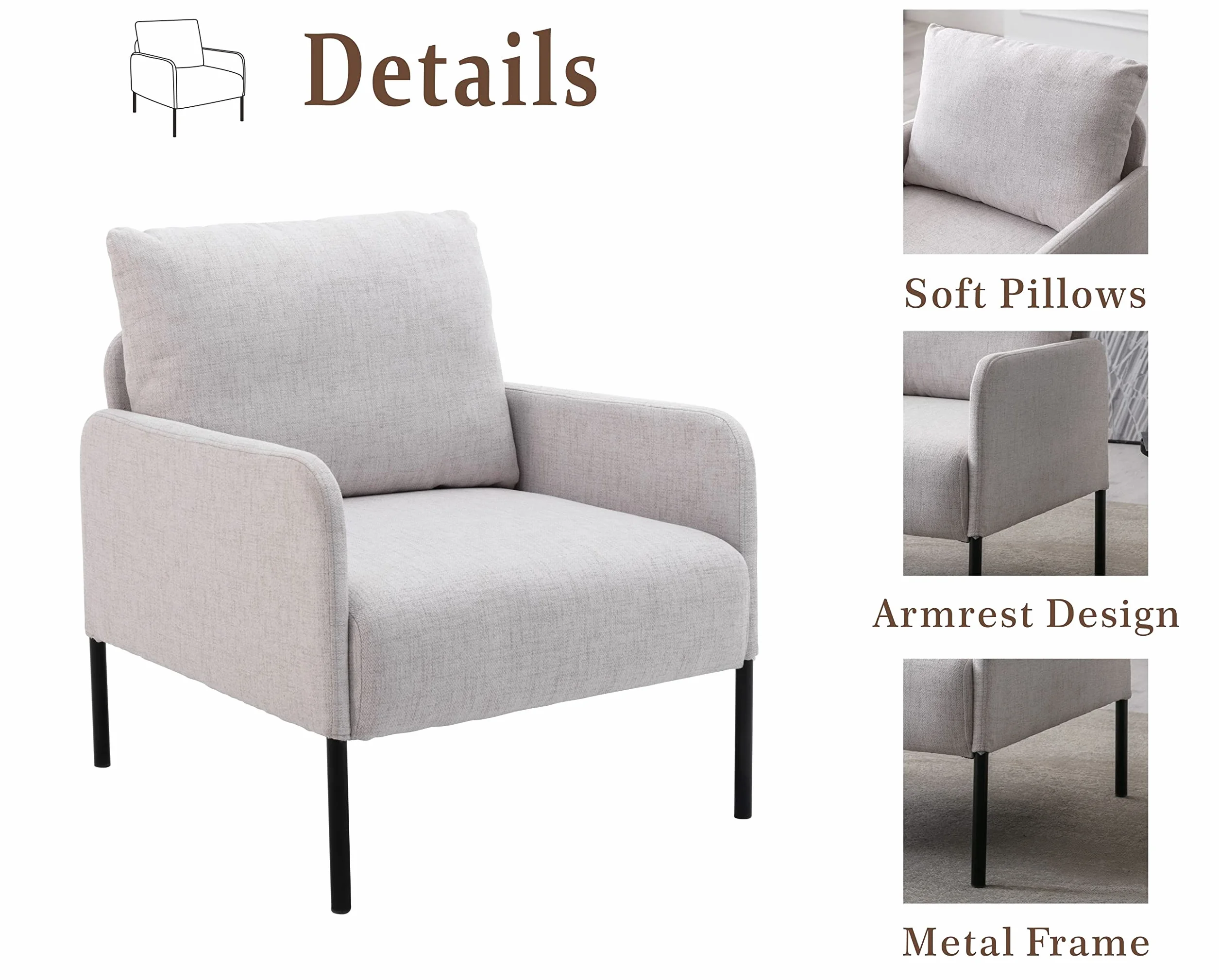 Wahson Lniane krzesło akcentujące, fotel wypoczynkowy, fotel z metalowymi nogami, tapicerowana pojedyncza sofa, okazjonalne krzesło rekreacyjne do sypialni/salonu/czytania, beżowe
