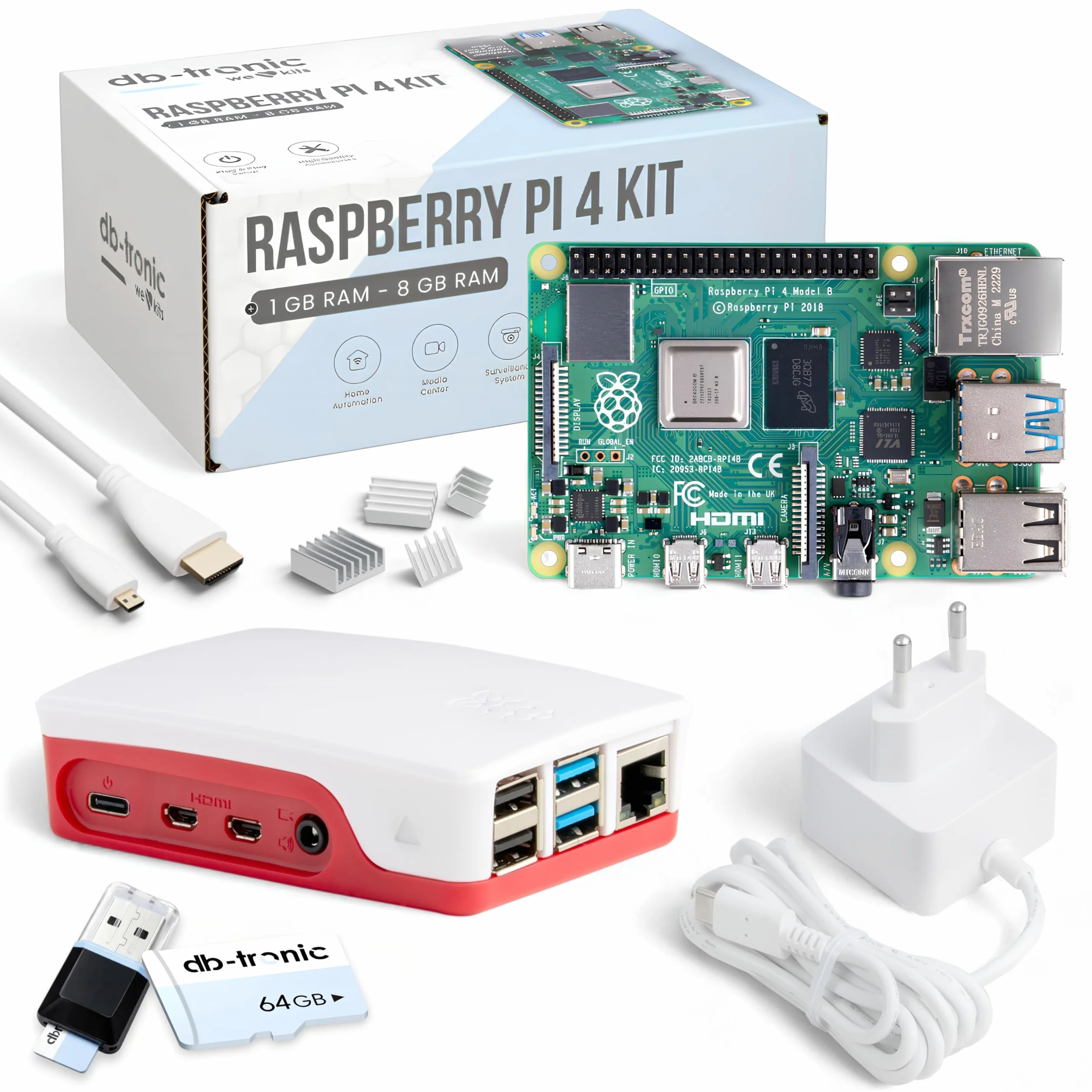 db-tronic Raspberry Pi 4 4 GB Starter Kit | Edycja 64 GB | Zasilacz 15 W | Obudowa | Micro HDMI 4K | Radiatory | idealny do Home Assistant i smart home