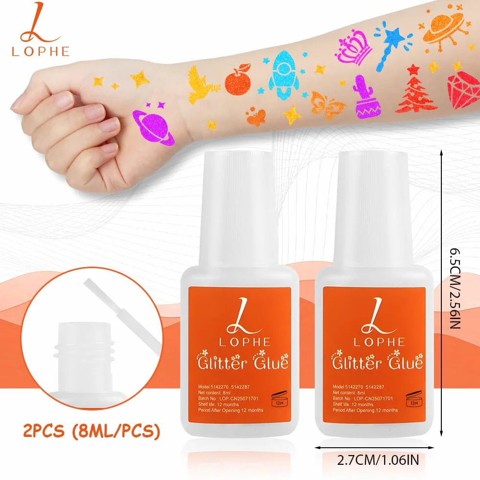 LOPHE Klej do brokatowych tatuaży, 4 x 8 ml, klej do tatuażu, klej brokatowy do ciała, na karnawał, Halloween, make-up