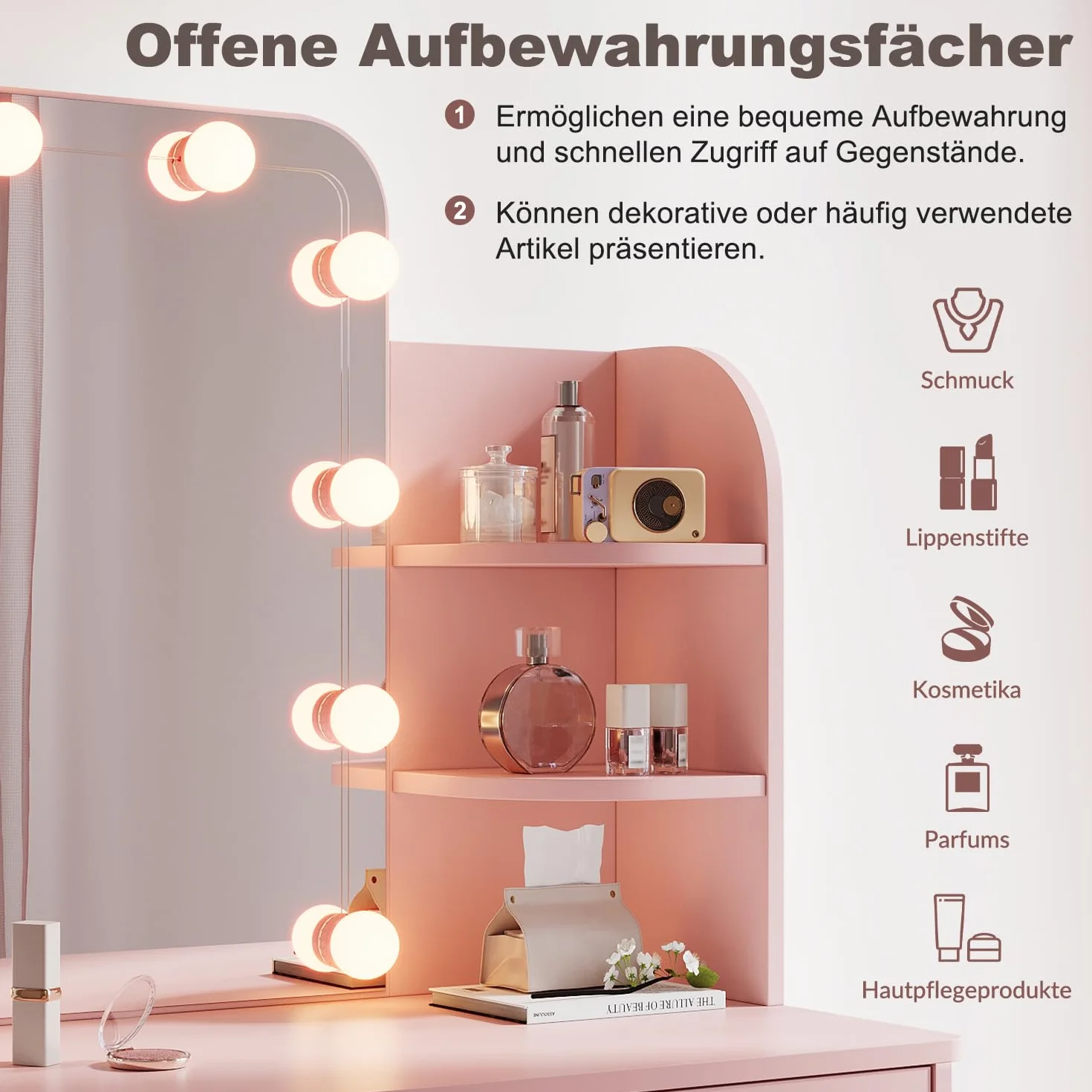 Toaletka dziecięca z oświetleniem LED, toaletka z lustrem i szufladą, dla dziewczynek, księżniczki, toaletka (różowa) 700 x 400 x 1400 mm