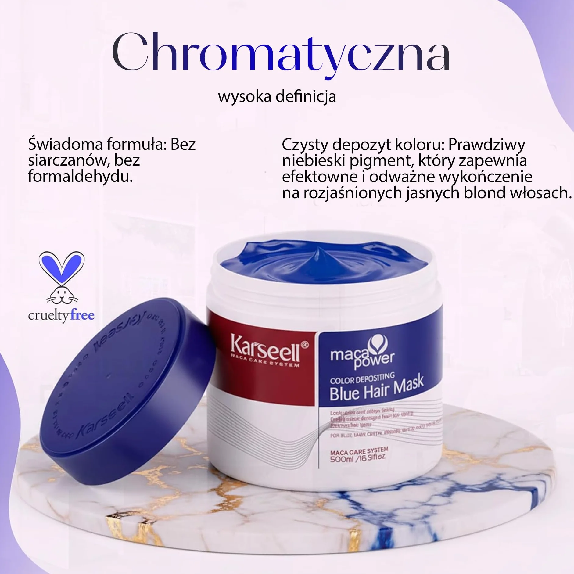 Karseell MACA CARE SYSTEM Maska do włosów z niebieskim pigmentem Tonacja Odświeżanie koloru Wzmocnione chłodne odcienie niebieskich barw Hydratuje Naprawia Przeciwko puszeniu się Dla suchych