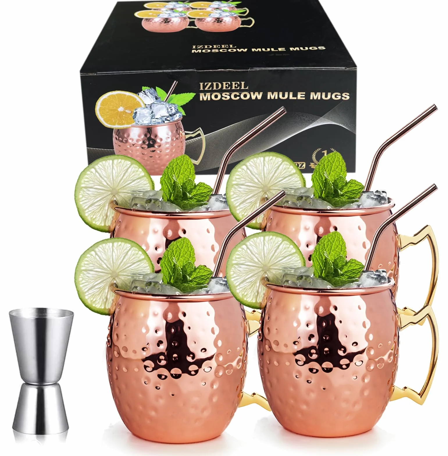 Moscow Mule zestaw 4 miedzianych kubków 550 ml, do koktajli, prezentów