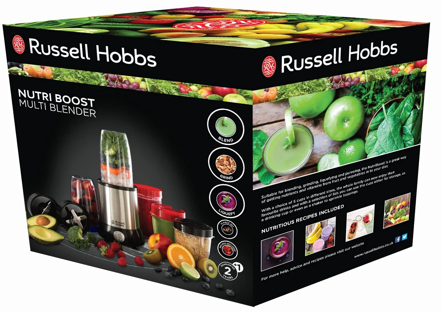 Russell Hobbs blender, blender kielichowy, mielenie, miksowanie, do owoców i warzyw, młynek do kawy, pojemność pojemnika 0,7l, stal nierdzewna, moc 700W, srebny, Nutri Boost 23180-56