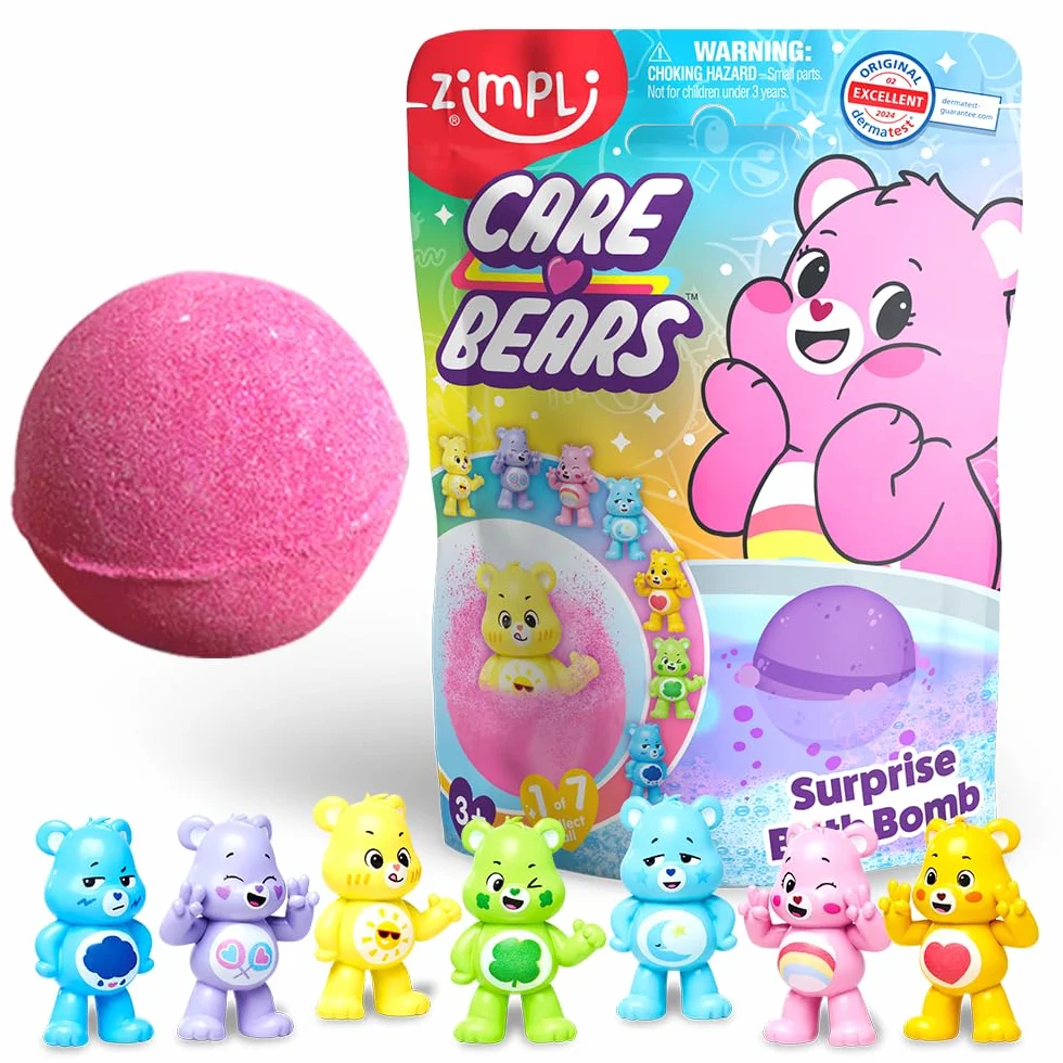 ZIMPLI - duża kula do kąpieli Care Bears Surprise, 1 z 7 zabawek do zebrania, jedna w każdej kuli Baff Bomb, wypełniacze do torebek na przyjęcia urodzinowe dla dzieci, upominki, kolorowa, musująca