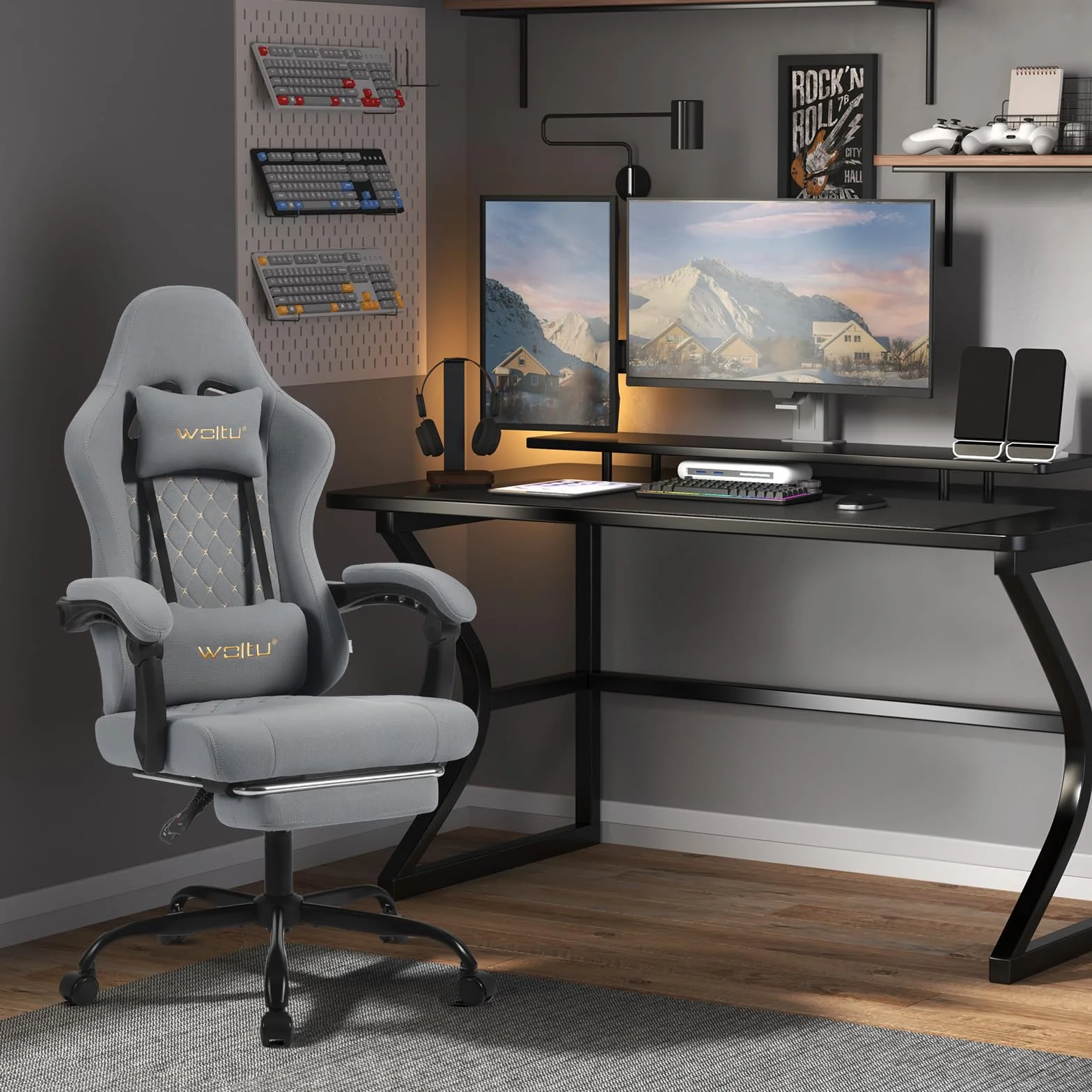 WOLTU Fotel gamingowy z funkcją masażu, krzesło komputerowe z poduszką z kieszeni, fotel dla graczy, ergonomiczny, obrotowy fotel z poduszką pod głowę, poduszka lędźwiowa, podnóżek, 150 kg,