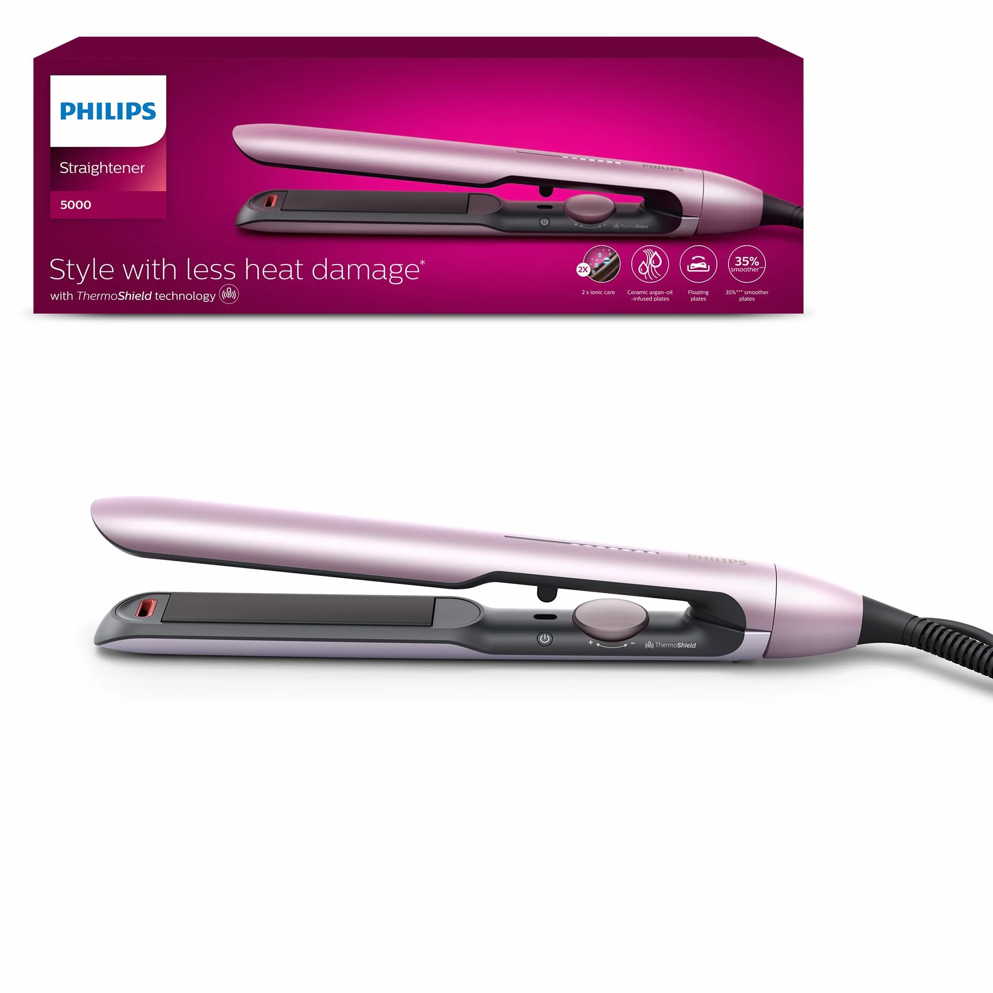 Philips Prostownica do włosów z serii 5000, technologia ThermoShield, jonizacja, wałki pokryte powłoką ceramiczną wzbogaconą olejem arganowym, jasnoróżowy, model BHS530/00