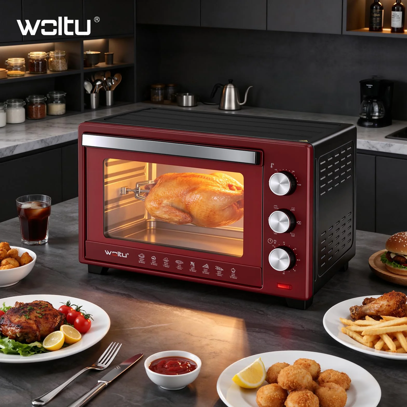 WOLTU mini piekarnik 32 litry, toster 1600 Watt | Piec do pizzy | Wyjmowana tacka na okruchy z minipiekarnikiem z timerem do pizzy, tostów, indyka, hot-dogów, czarny + czerwony