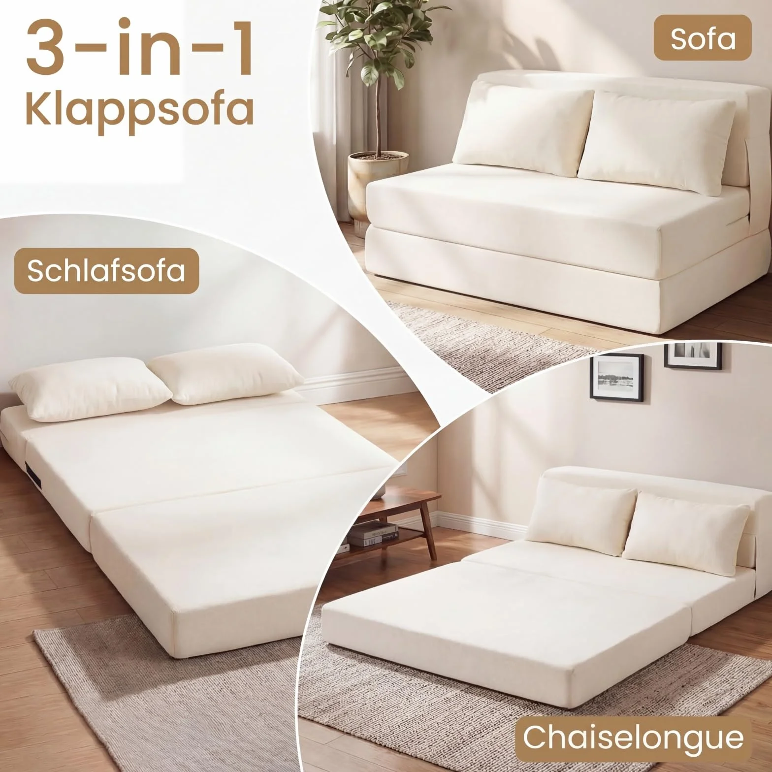 COSTWAY Rozkładana Sofa 3 w 1 z Materiału Szenilowego z 2 Poduszkami, Beżowa, 2-osobowa