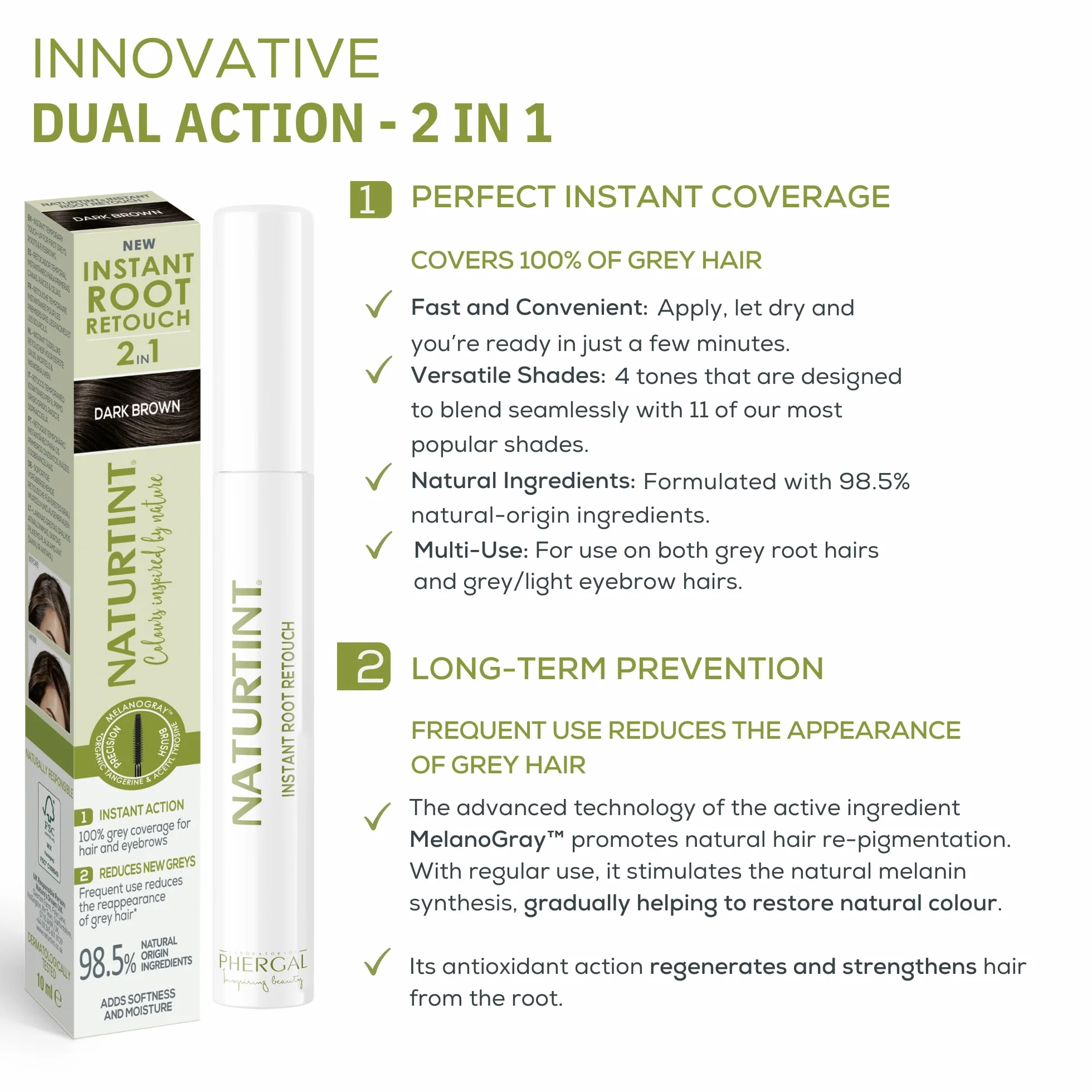 Naturtint Instant Root Retouch | tymczasowy środek do korekcji włosów siwych do korzeni i brwi | praktyczny i wygodny dzięki pędzelkowi | 98,5% naturalnych składników | ciemnobrązowy | 10 ml