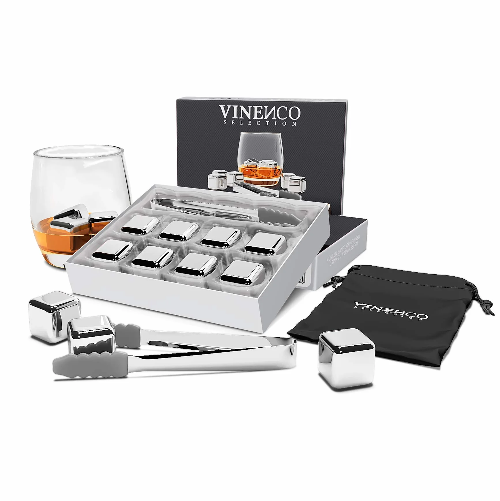 Kostki wielokrotnego użytku, do whisky ze stali nierdzewnej + szczypce + ściereczka | 8 metalowych chłodzących, akcesoria barowe Premium do wszystkich drinków, koktajli, ginu, whisky | prezent urodzinowy dla mężczyzny i kobiety (Set of 8)