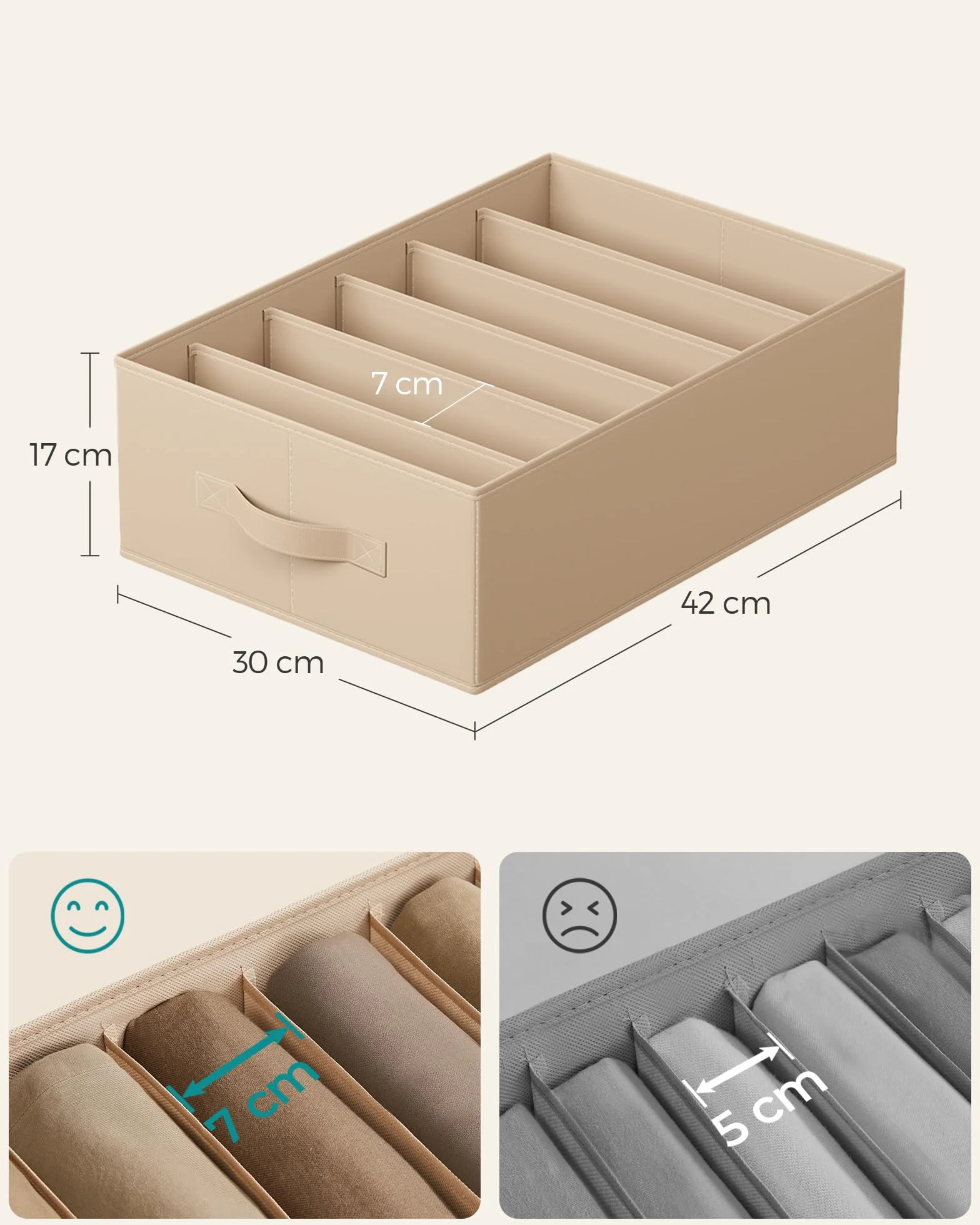 SONGMICS Organizer z 6 przegródkami 42x30x17 cm pudełko do przechowywania piaskowo-beżowy