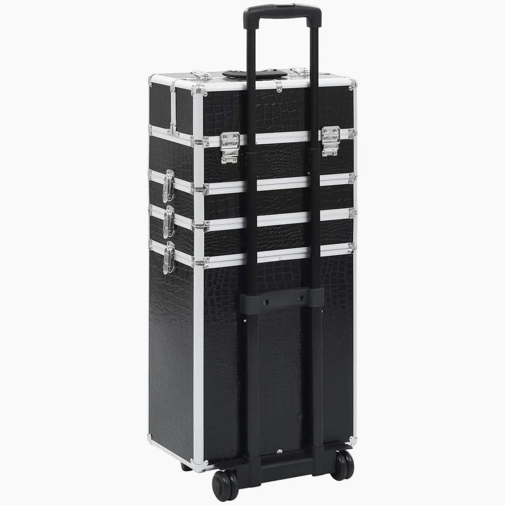 Walizka na kosmetyki aluminiowa, czarna, z tłoczeniem krokodyla, 4 półki, wysuwane półki, 4 zdejmowane kółka, 37 x 22 x 78 cm, organizer na podróż, do hotelu, na kemping i do łazienki