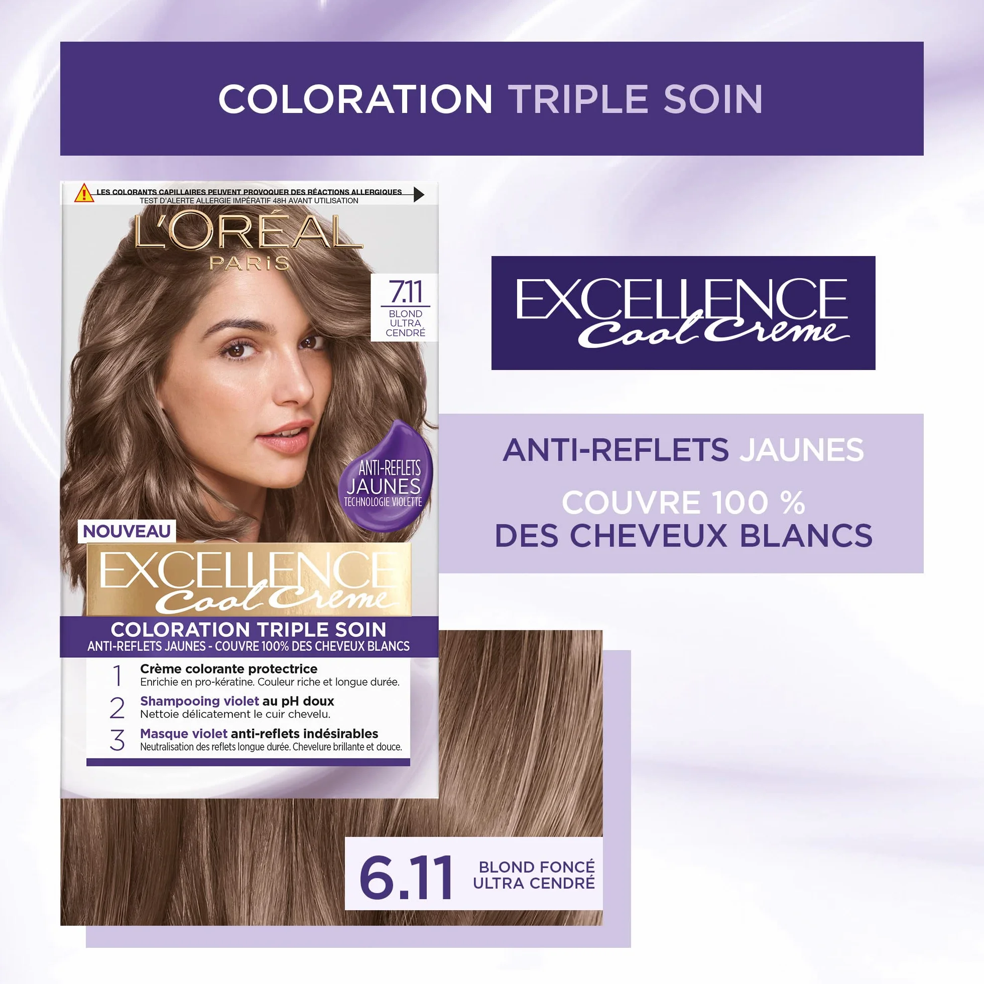 L'ORÉAL PARIS - Długotrwała farba do włosów potrójna pielęgnacja - Żółte antyrefleksyjne - pokrywa 100% białych włosów - doskonałość chłodna kremowa - odcień: Ultra Popielaty blond (7.11)