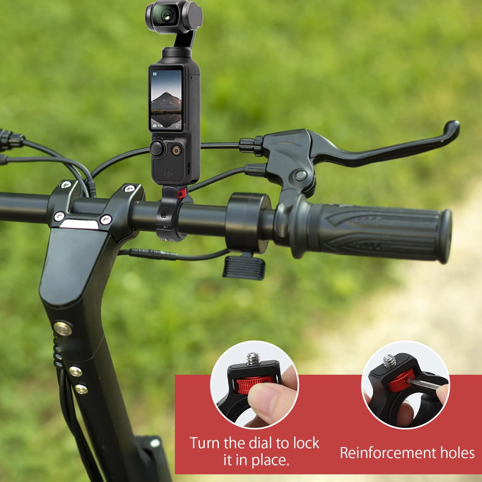 TNSLAND Uchwyt rowerowy, uchwyt na kierownicę rowerową, obracany o 360°, uchwyt na kamerę sportową, uchwyt rowerowy na kierownicę 1/4 cala, zacisk śrubowy do kamery sportowej (czarno-czerwony