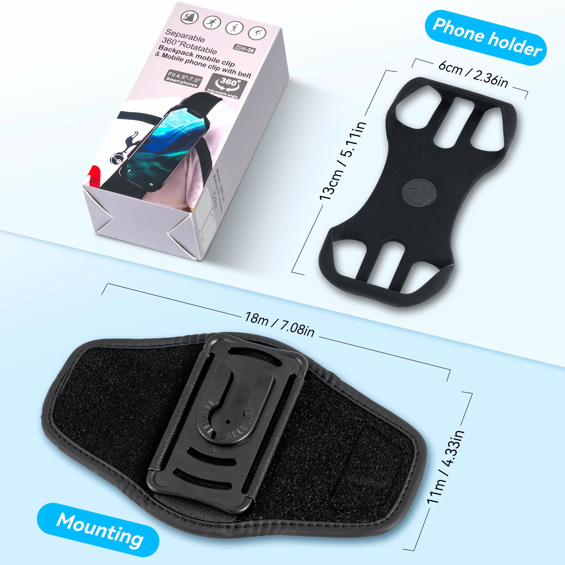 Plecak na telefon, klips na pasek do plecaka 2 w 1 i uchwyt na telefon do iPhone'a 11.4-17.8 cm, obracany o 360°, zdejmowany, bezpieczne dopasowanie 4-7 cm szerokie paski plecaka, idealny na
