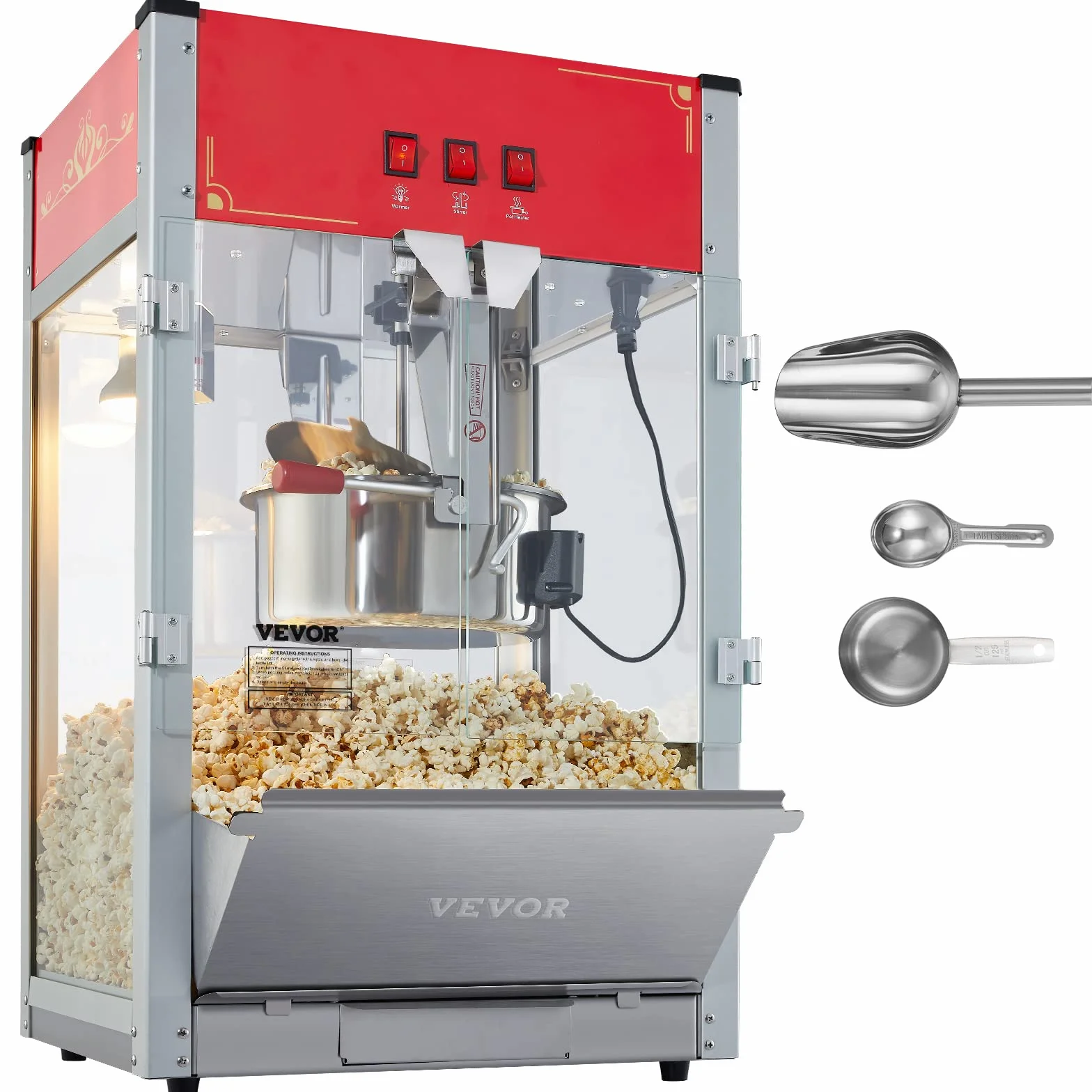 VEVOR Maszyna do popcornu – maszyna do popcornu 1440 W, z kociołkiem o pojemności 12 oz, na maks. 80 filiżanek na ładowanie, z hartowanego szkła i 3 łopatkami ze stali nierdzewnej