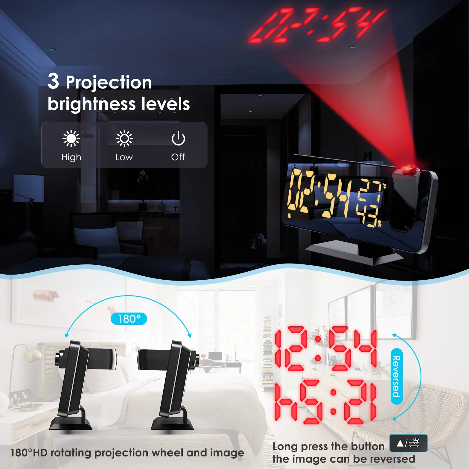 TAKRINK budzik cyfrowy projekcyjny z podwójnym alarmem, USB, 12/24 h
