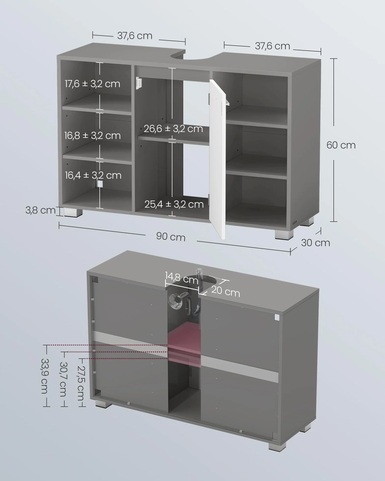 VASAGLE Szafka łazienkowa z regulowanymi półkami 30x90x60 cm gołębia szarość biel BBK507G01