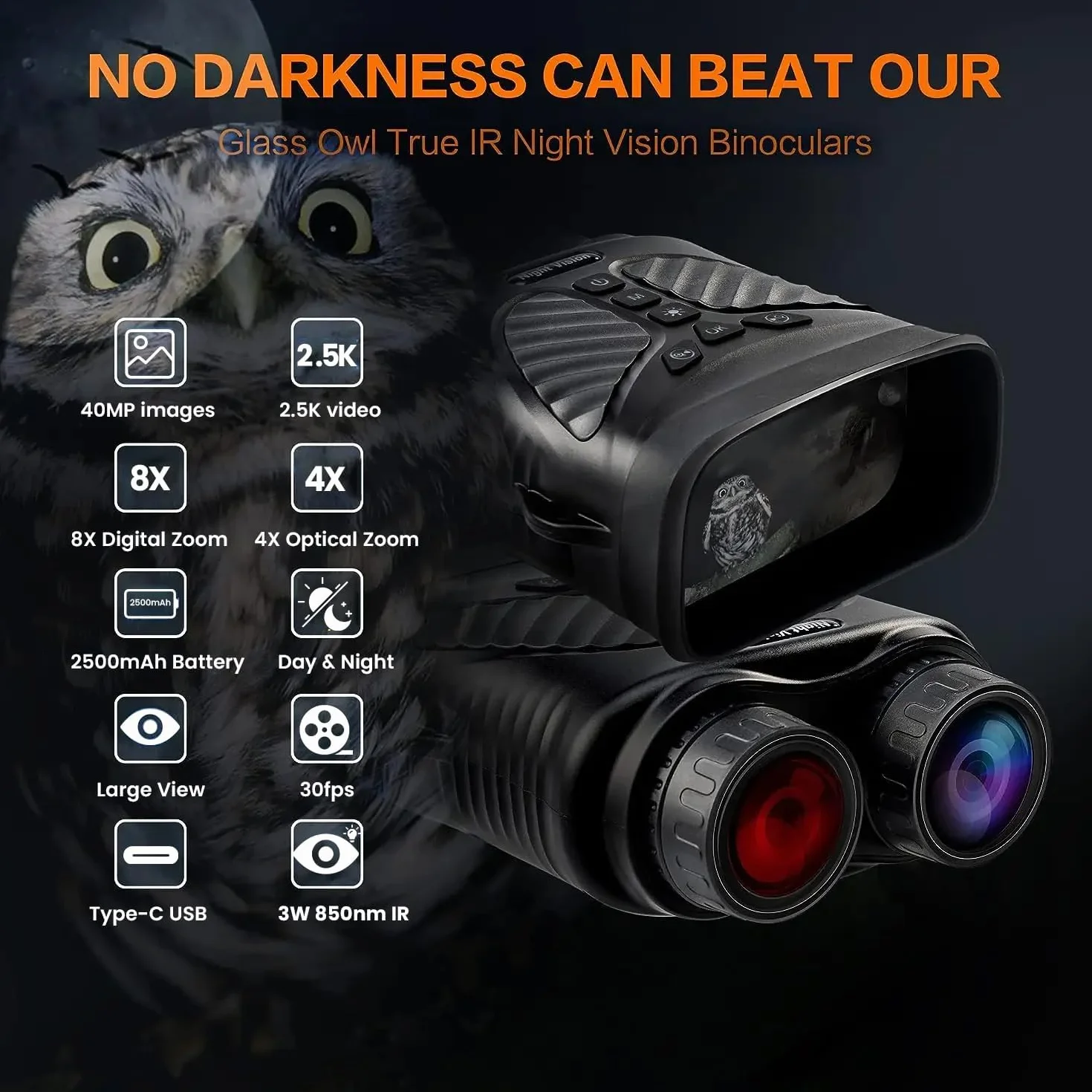 Technaxx noktowizor TX-257 – rozdzielczość wideo Full HD 1080p, rozdzielczość zdjęć 40 MP, powiększenie optyczne 4x, zoom cyfrowy 8x i IR LED – lornetka noktowizyjna na polowanie, wędrówki