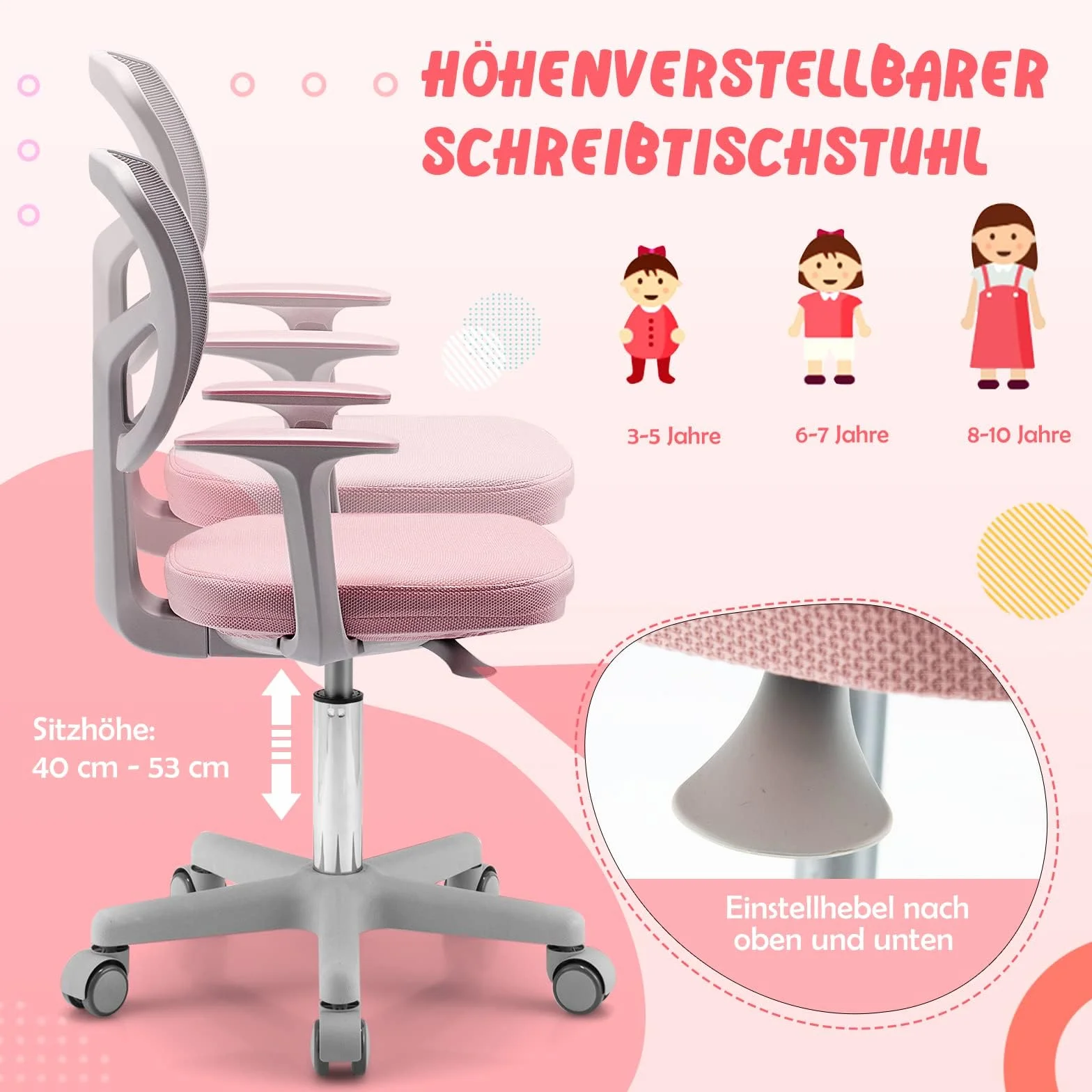 COSTWAY Dziecięce krzesło biurkowe obracane o 360°, 80-91,5 cm, krzesło młodzieżowe z regulacją wysokości, z oparciem i podłokietnikami, krzesło komputerowe z 5 kółkami, dla dzieci w wieku 3-10 lat