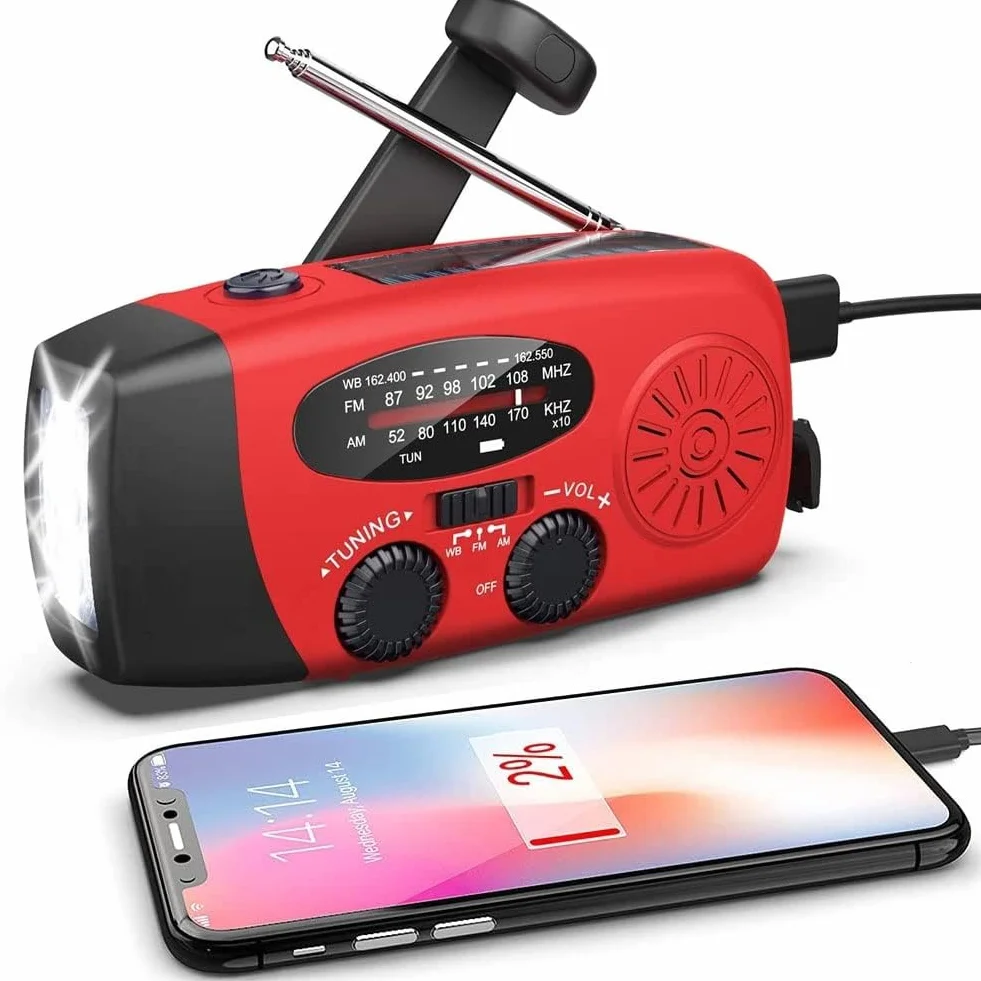 Radio awaryjne z korbą, solarne radio pogodowe z latarką LED/WB/Am/FM, 2000 Mah, ładowanie USB, odpowiednie do użytku na zewnątrz