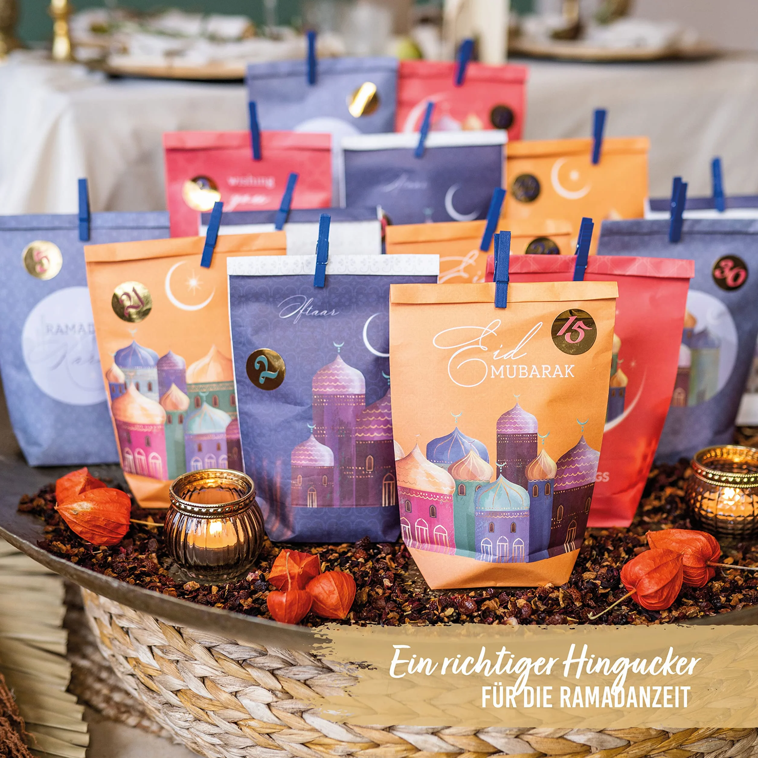 Papierdrachen DIY Kalendarz Ramadan do wypełnienia dla dzieci i dorosłych Zestaw 7 kolorowych toreb papierowych Kraft z nadrukiem