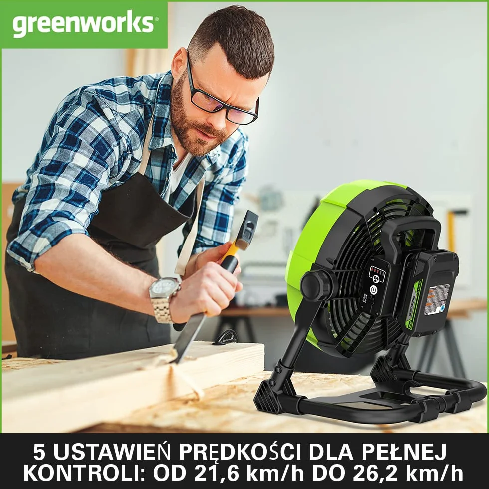 Greenworks G24FAN Akumulatorowy Wentylator Hybrydowy 25,4 cm 2600 obr/min 5 Ustawień Szybkości Obrotowa Głowica 360° BEZ Akumulatora 24V