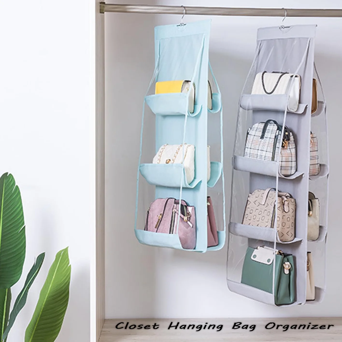 AARAINBOW Wiszący organizer do torebki, organizer do torebki, 8 kieszeni, garderoby, oszczędność miejsca, 44,5 l x 13,5 W (B-jasnoszary)