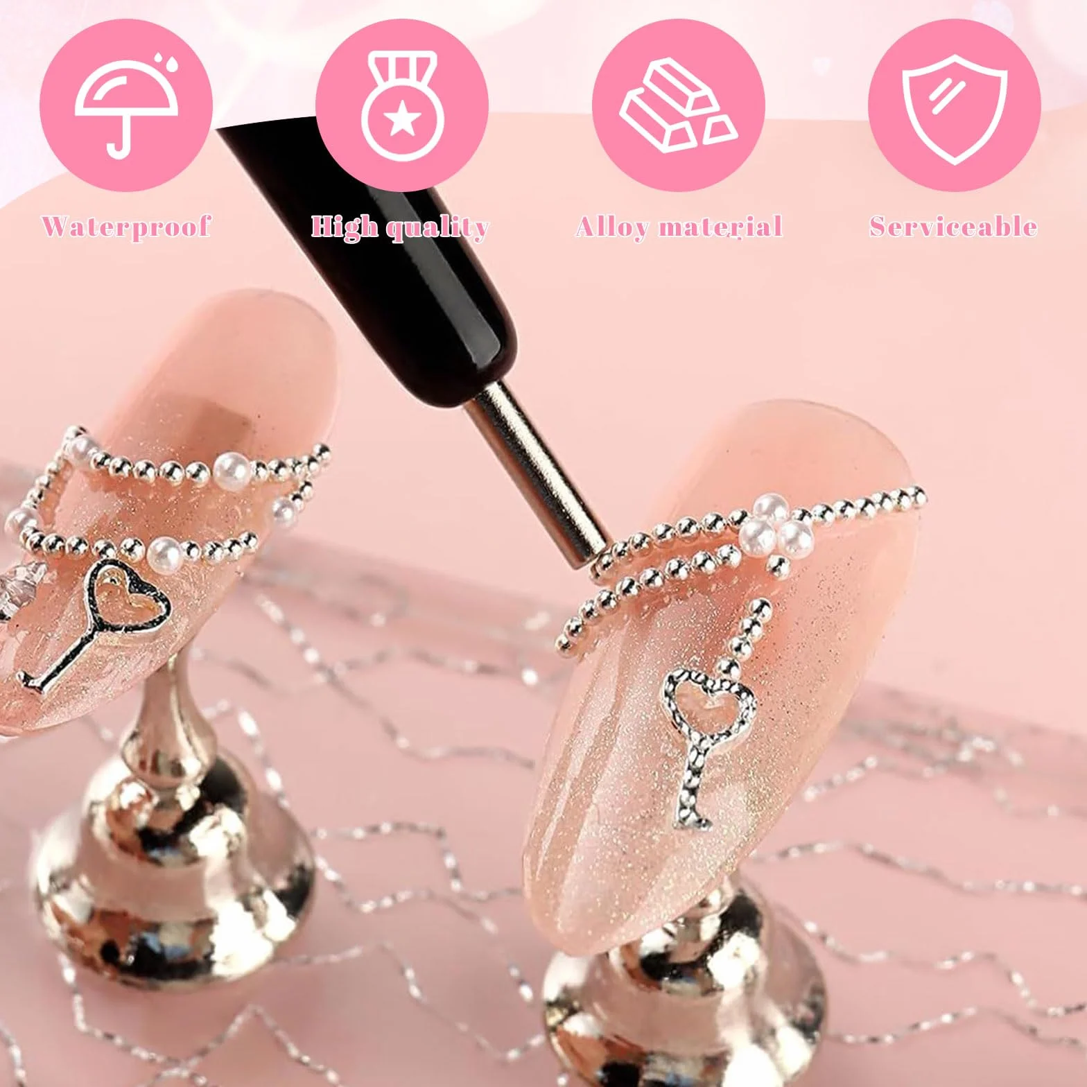 VelvetGlow Flatback koraliki i metalowe koraliki do paznokci, do zdobienia paznokci, małe okrągłe koraliki kawiorowe, akcesoria do paznokci akrylowych, dekoracji manicure (srebrne, złote)