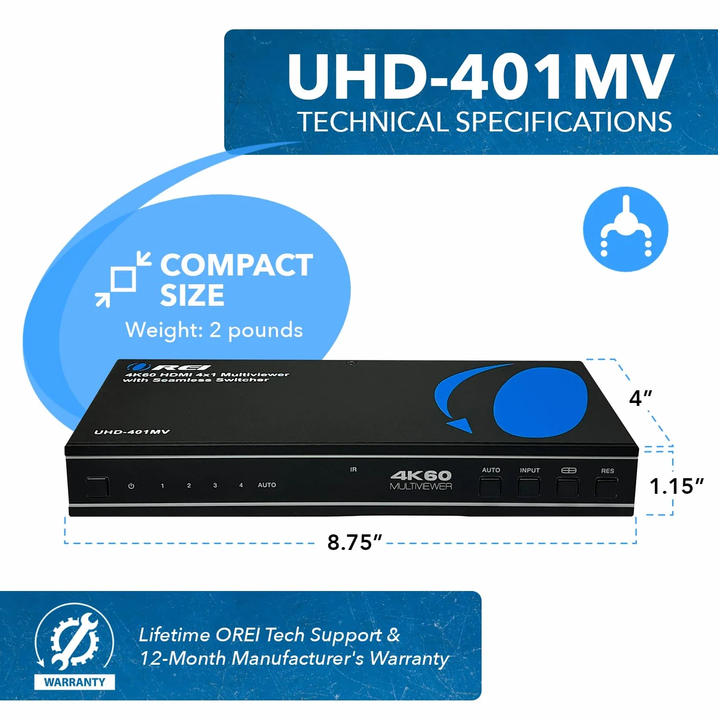 OREI 4K UHD-401MV Multi HDMI Viewer 4 w 1 Wyjście 4 porty Bezszwowy pilot na podczerwień Obsługa 4K @ 60 Hz 1080p do PS4/PC/DVD/kamery bezpieczeństwa, przełącznik HDMI