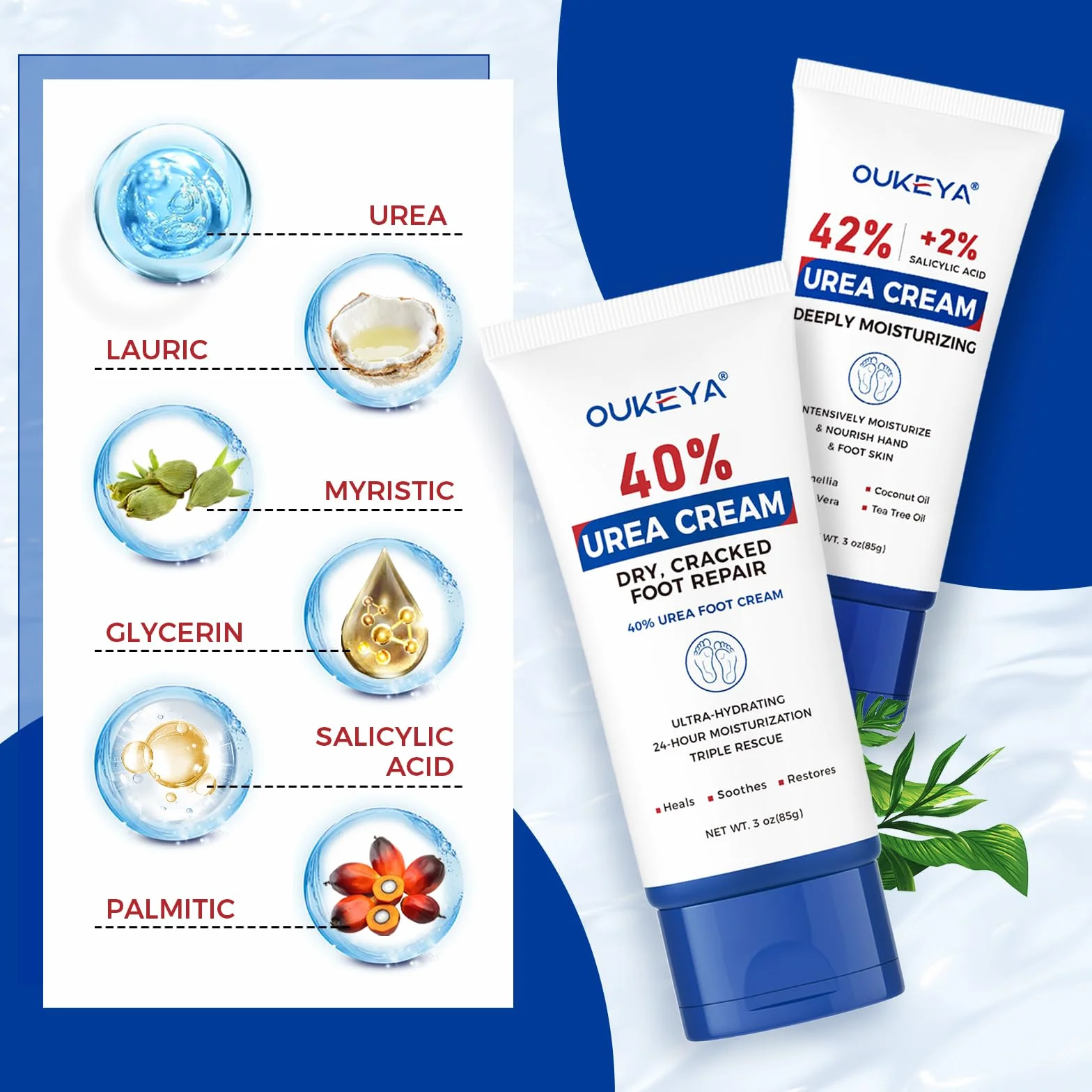 OUKEYA Krem do Stóp 40% Urea & Krem 42% Urea + 2% SA, Intensywna Regeneracja dla Suchej i Popękanej Skóry Stóp, Pięt i Dłoni, Złuszczający i Głęboko Nawilżający, 2x85g