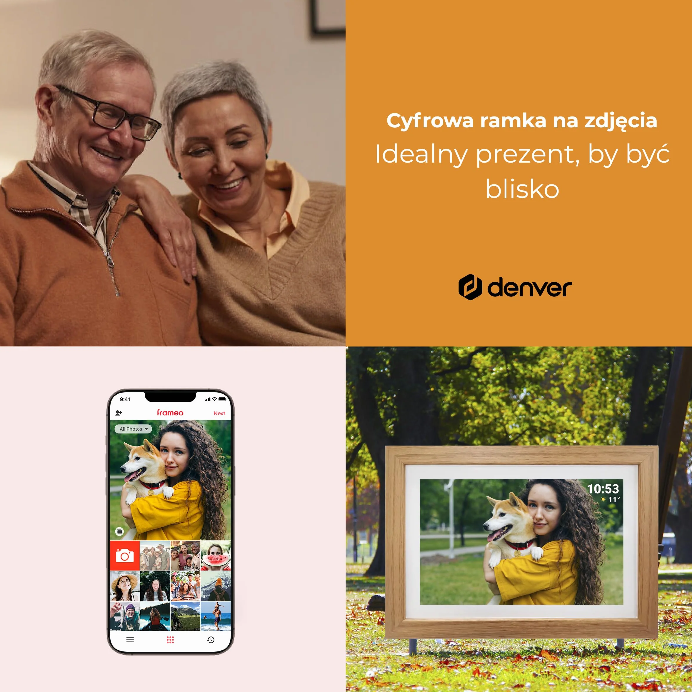 Denver Cyfrowa ramka na zdjęcia 10,1 cala HD - elektroniczna ramka na zdjęcia - ramka na zdjęcia - aplikacja Frameo - ekran dotykowy IPS - 16 GB - PFF1042LW - drewno