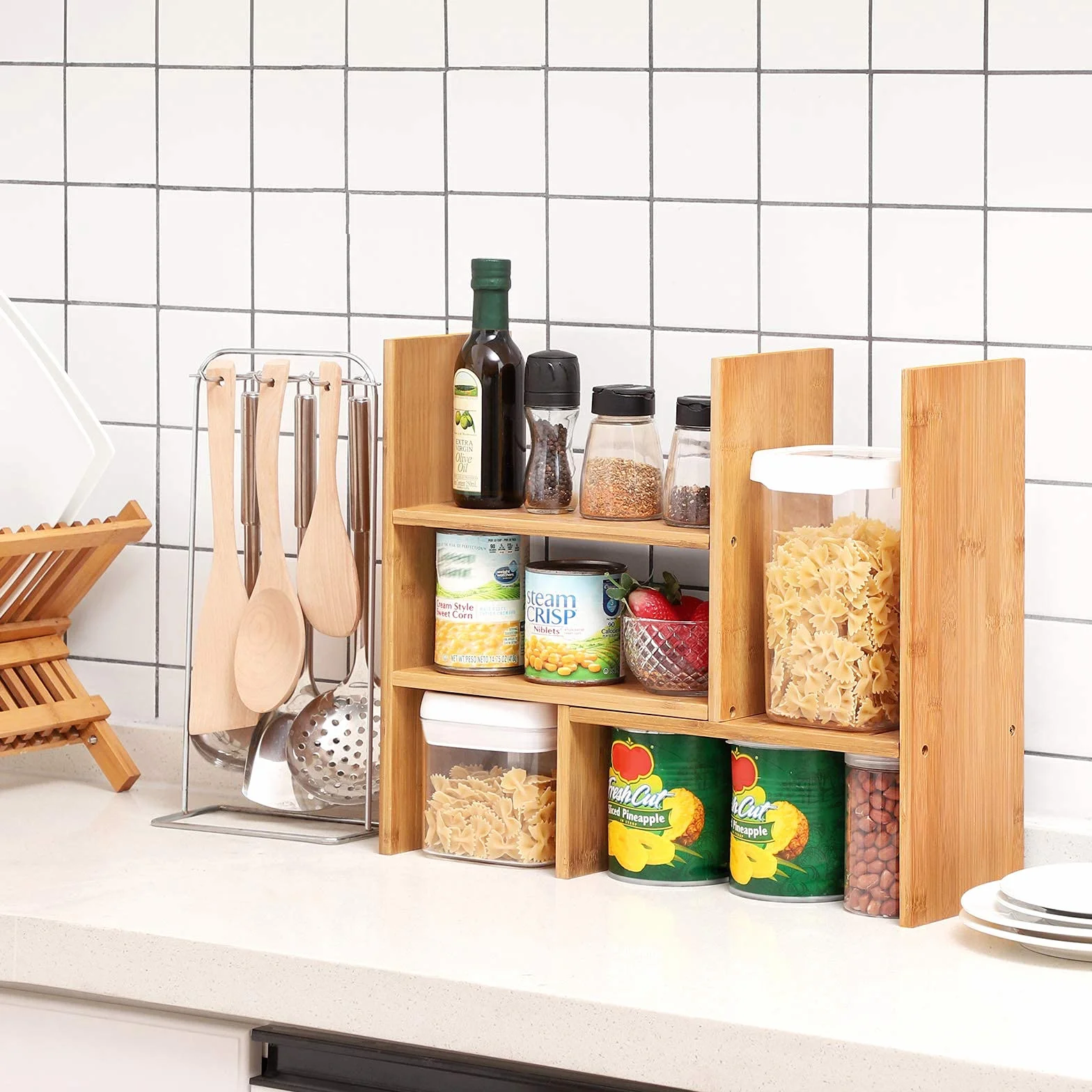 SONGMICS Regulowany System Półek Organizer na Stół Bambusowy OFS45NL