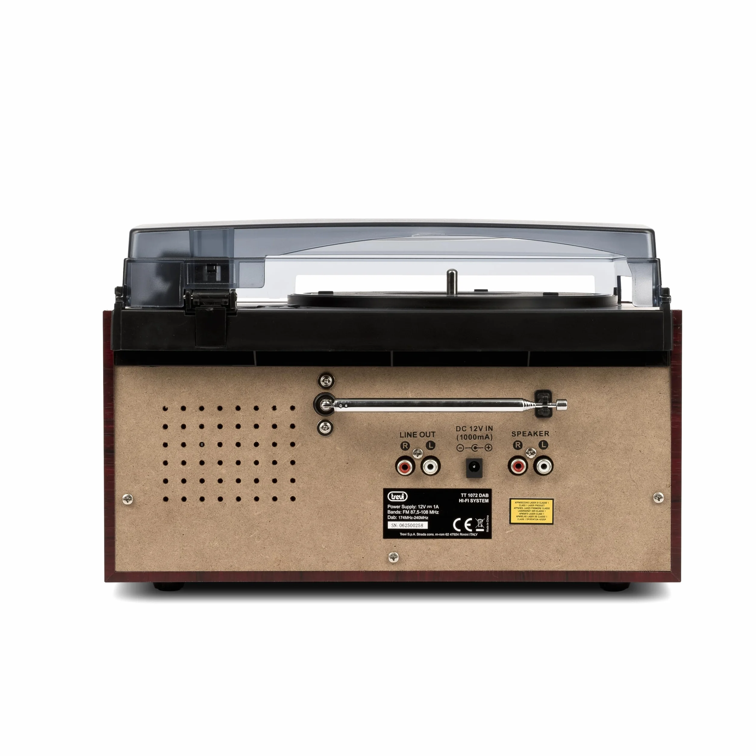 Trevi TT 1072 DAB, 33, 45 i 78 RPM winylowy gramofon, bezprzewodowy odtwarzacz winylowy, odtwarzacz CD i MP3, USB i SD, 25 W, radio cyfrowe DAB/DAB+ FM, gniazdo słuchawkowe, głośnik Bassreflex, drewno