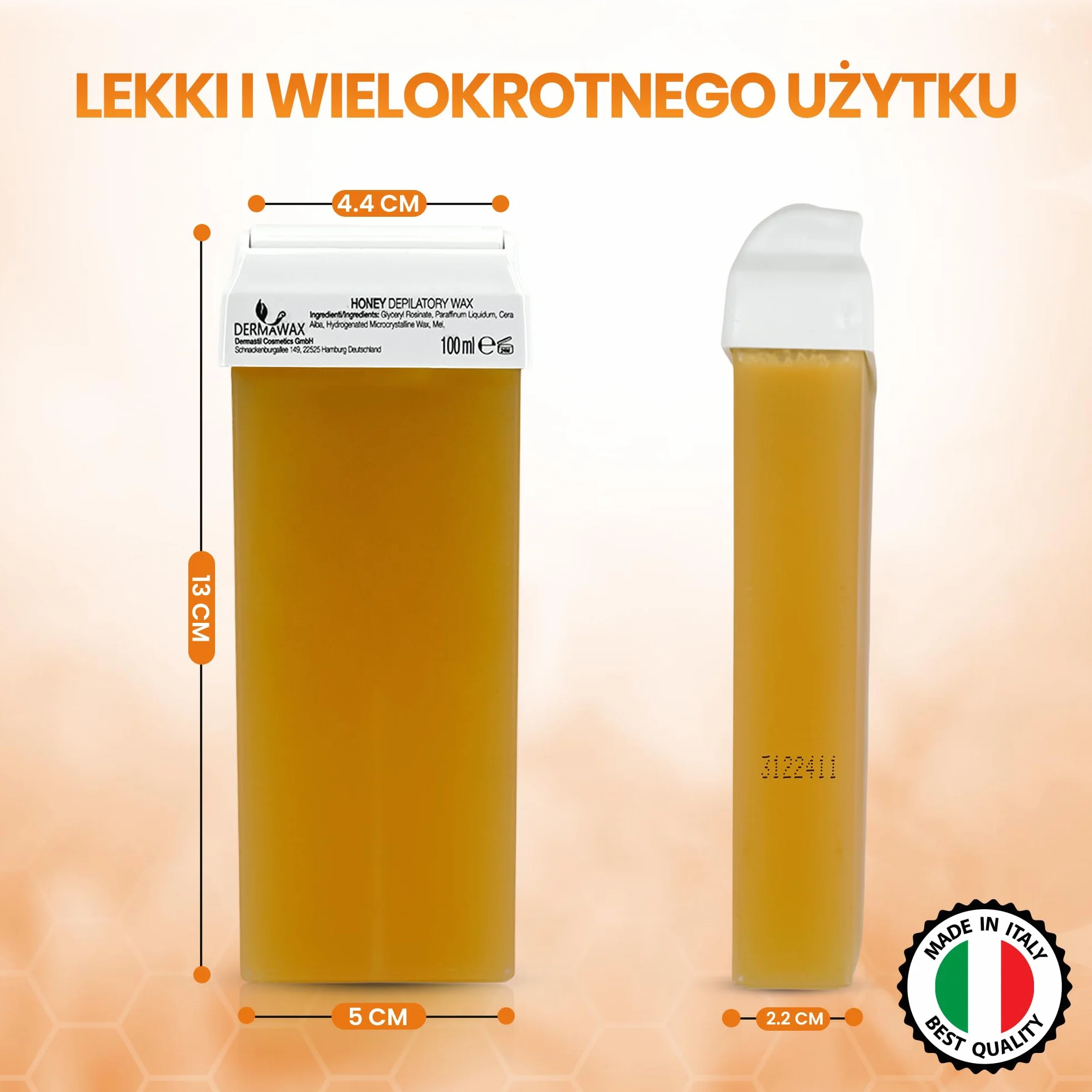 Dermawax 6 x Roll on Wax Miodowy Ciepły à 100 ml Wkładów Woskowych, Roll-on Wax, Gorący Wosk Do Depilacji, Pielęgnacja Ciała, Zestaw Uzupełniający