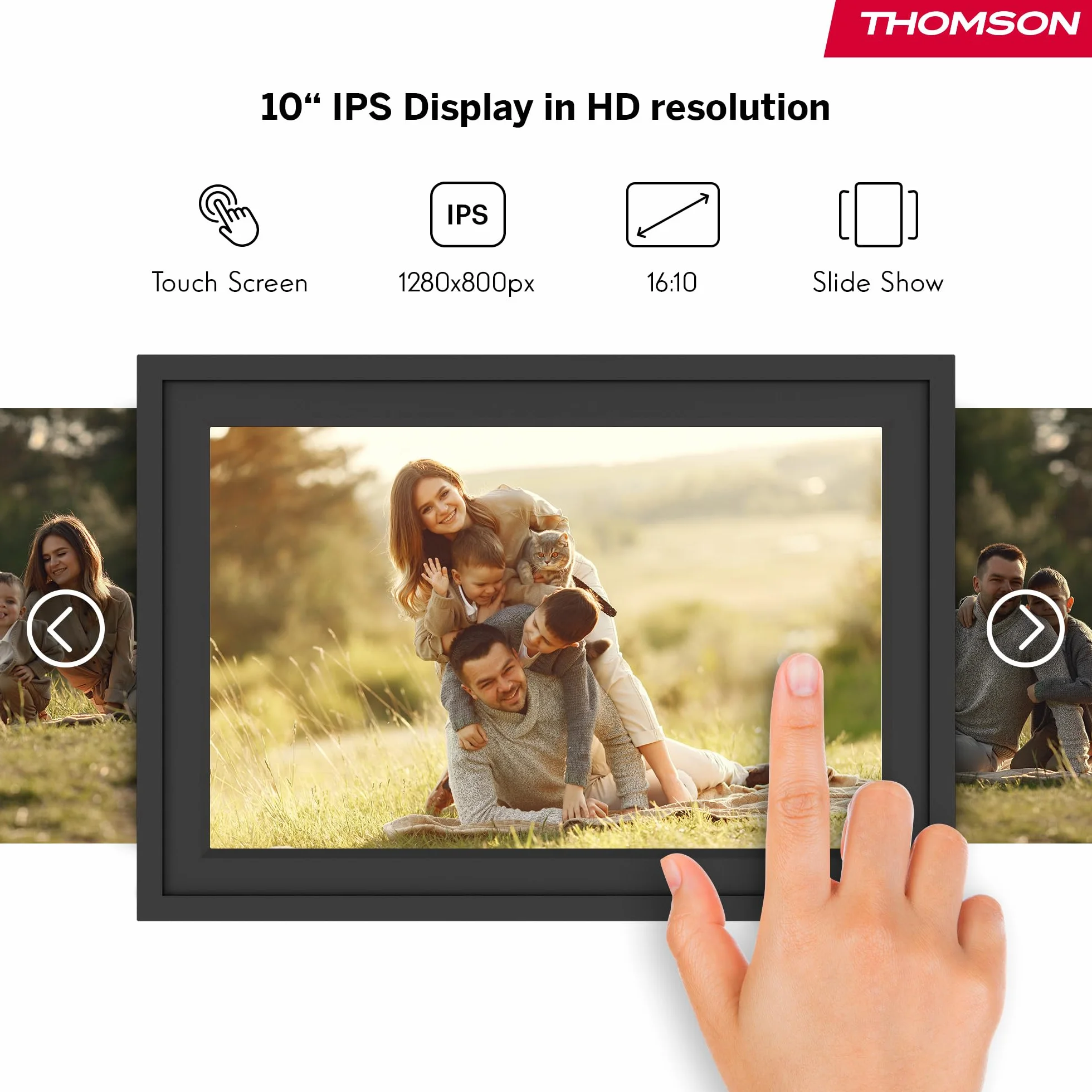 Thomson Cyfrowa Ramka na Zdjęcia 10 Cali, Ekran IPS, Ekran Dotykowy HD, WLAN, Bezpośrednie Udostępnianie przez App, Funkcje Smart, Elektroniczna Ramka na Zdjęcia z Pamięcią 32 GB, Automatyczny Obrót
