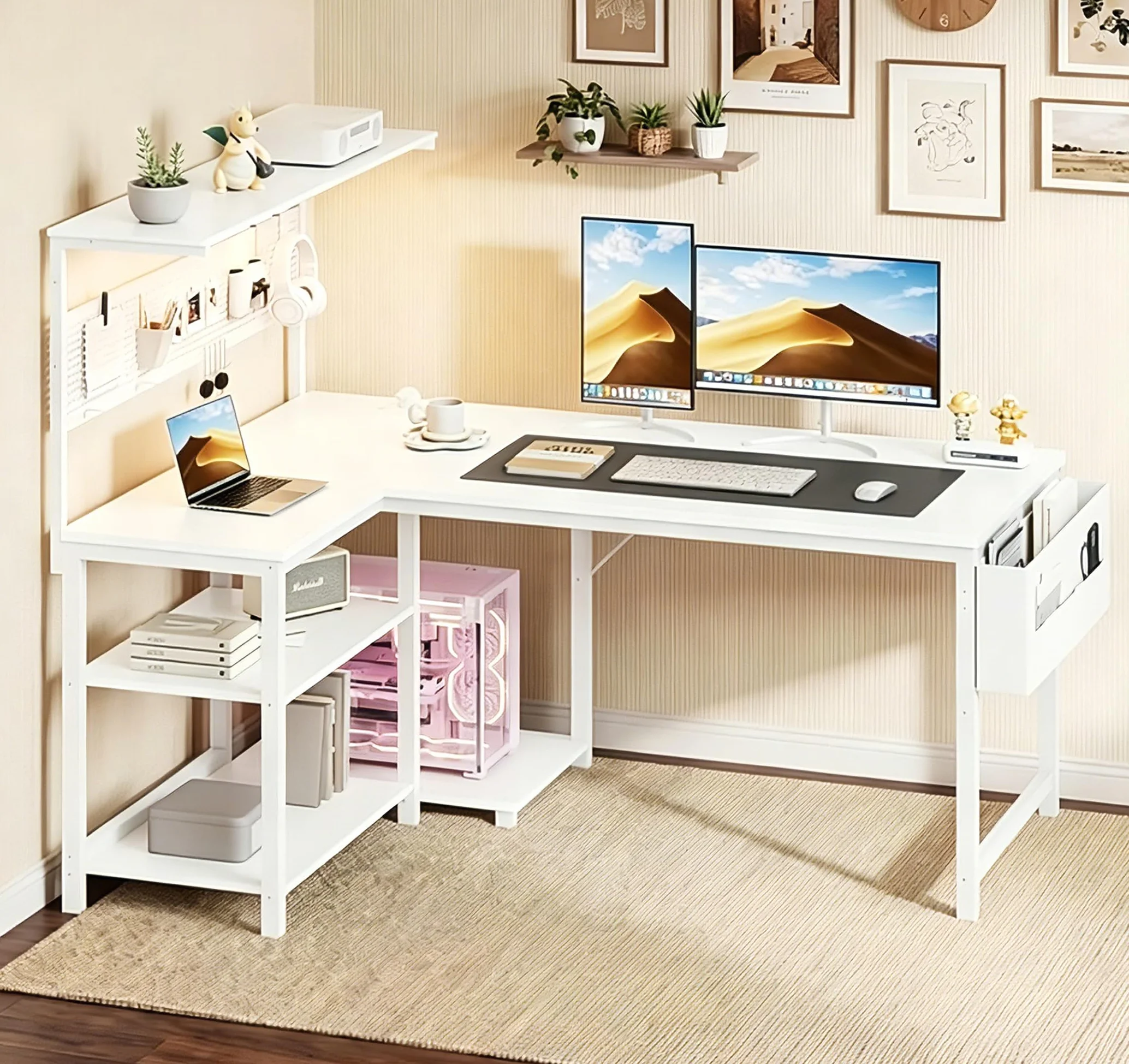 YOUDENOVA Biurko gamingowe w kształcie litery L z diodami LED, gniazdkiem i wejściem USB, dwustronne biurko narożne z regałem i ścianką perforowaną, 120 x 80 cm, biurko komputerowe z miejscem do