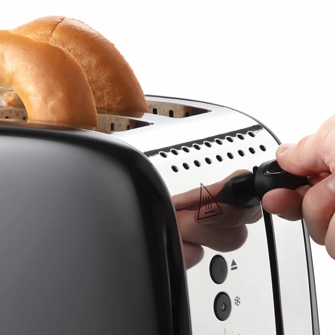 Russell Hobbs toster, na 2 kromki, bardzo szerokie szczeliny na tosty, nasadka do bułek, 6 ustawień opiekania, funkcja rozmrażania i Lift & Look, 1670W, stal nierdzewna, czarny, Colors Plus 26550-56