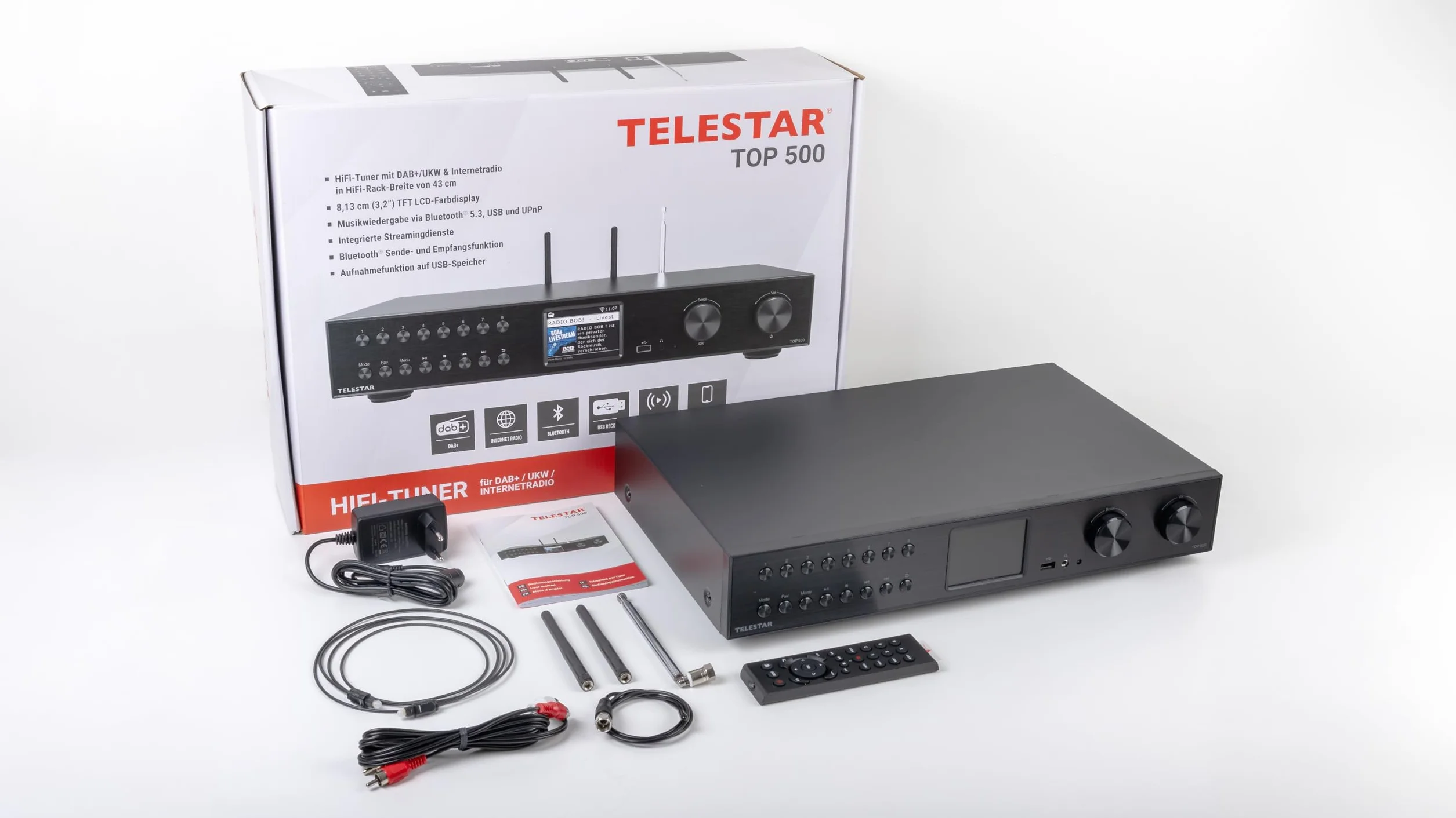 TELESTAR TOP 500 – tuner Hi-Fi (szerokość 43 cm, radio internetowe/DAB+, funkcja nadawania/odbioru Bluetooth, nagrywanie USB, usługi strumieniowe) – czarny