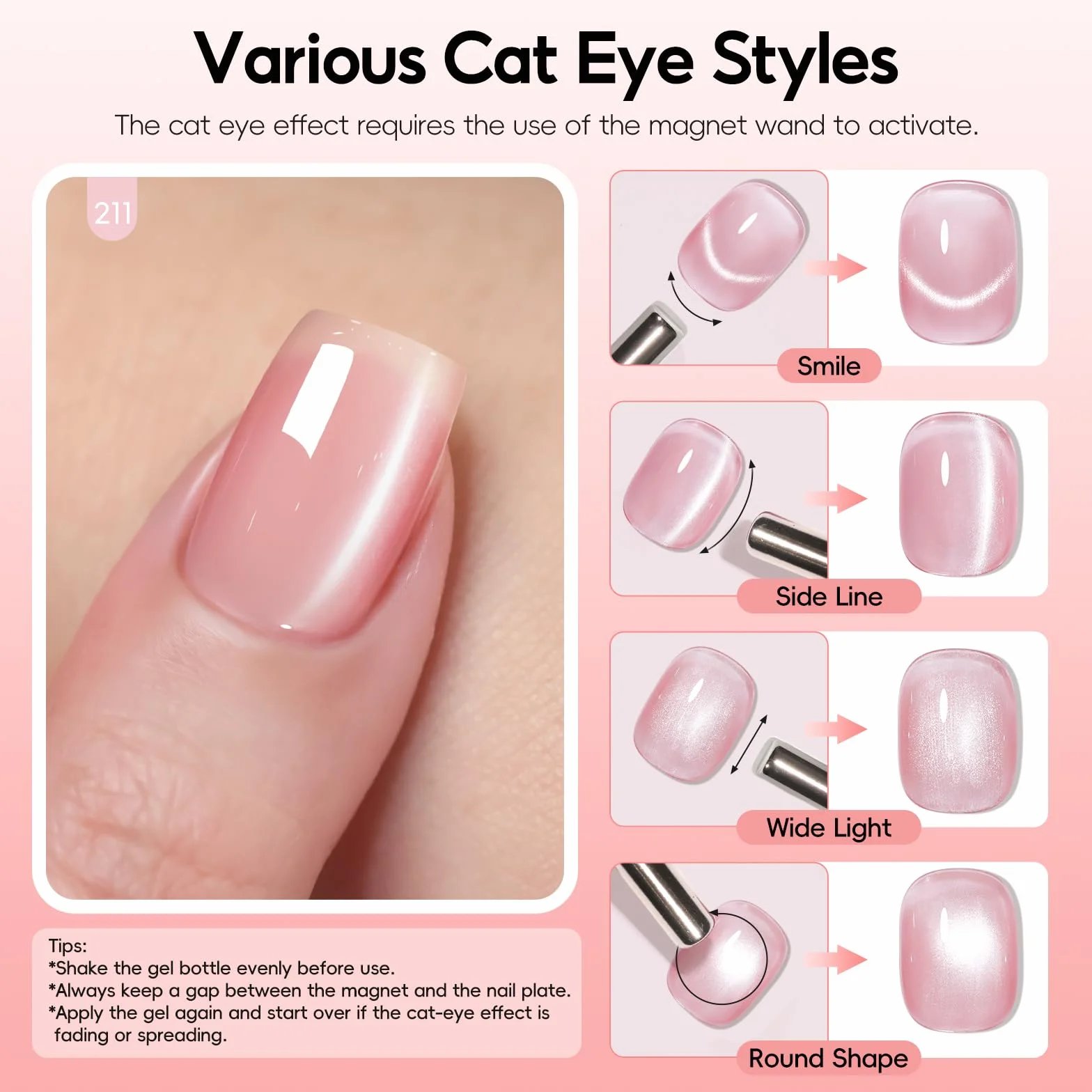 PEACECOLOR Lakier do paznokci UV Cat Eye, 6 szt. 10 ml Różowy lakier żelowy z magnesem Soak Off Cat Eye Gel, Nail Art Manicure Salon DIY