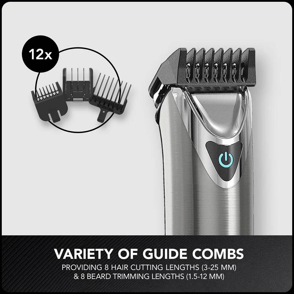 WAHL Stainless Steel Washable Multigroomer, Trymer do Brody i Zarostu, Przycinanie Włosów w Domu, Trymer do Nosa i Uszu, Zestaw do Pielęgnacji dla Mężczyzn, W pełni zmywalny, Bezprzewodowy