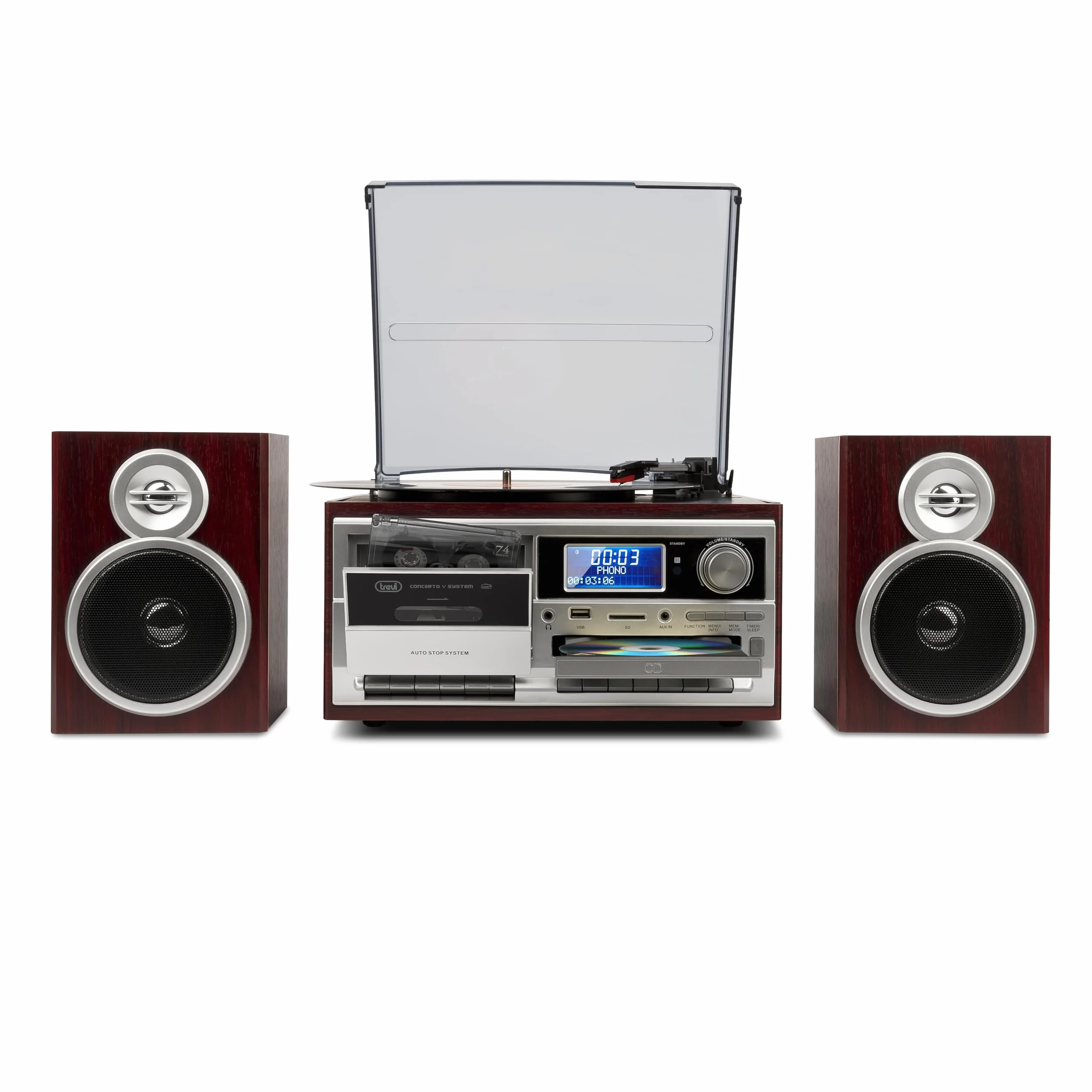 Trevi TT 1072 DAB, 33, 45 i 78 RPM winylowy gramofon, bezprzewodowy odtwarzacz winylowy, odtwarzacz CD i MP3, USB i SD, 25 W, radio cyfrowe DAB/DAB+ FM, gniazdo słuchawkowe, głośnik Bassreflex, drewno