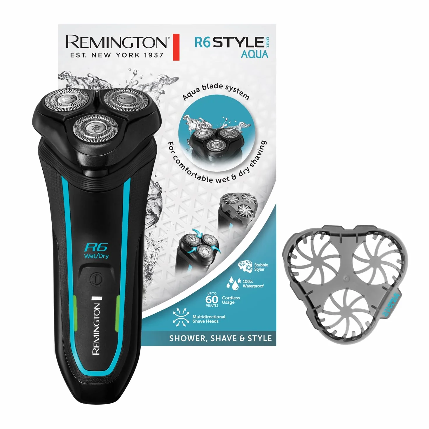 Remington golarka elektryczna, rotacyjna, 100% wodoodporna, nakładka do 3-dniowego zarostu, głowica antybakteryjna, bezprzewodowa - do 50 min pracy, wysuwany trymer, czarna, R6000