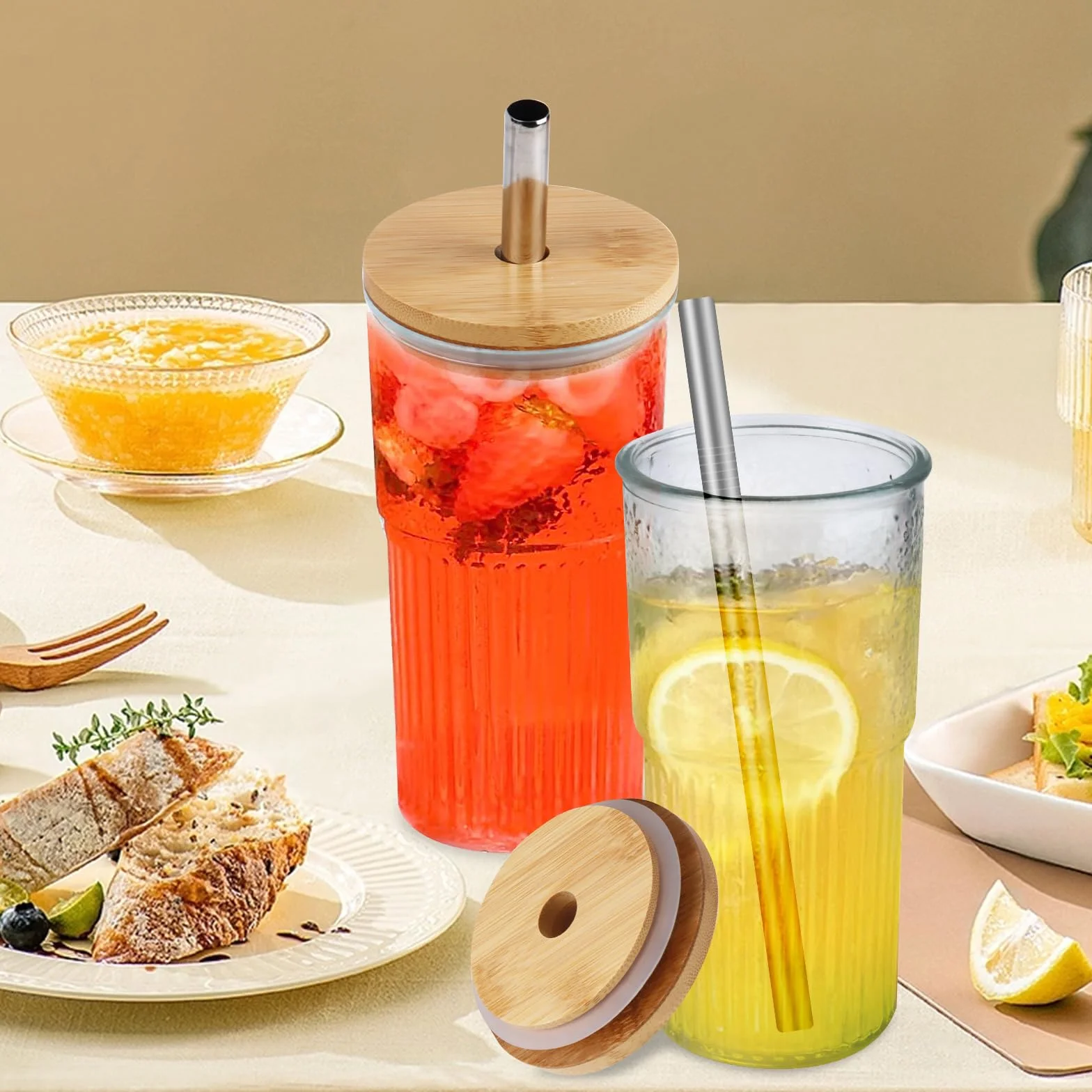 Kubek ze stali nierdzewnej z pokrywką i słomką 2 x 600 ml do napojów