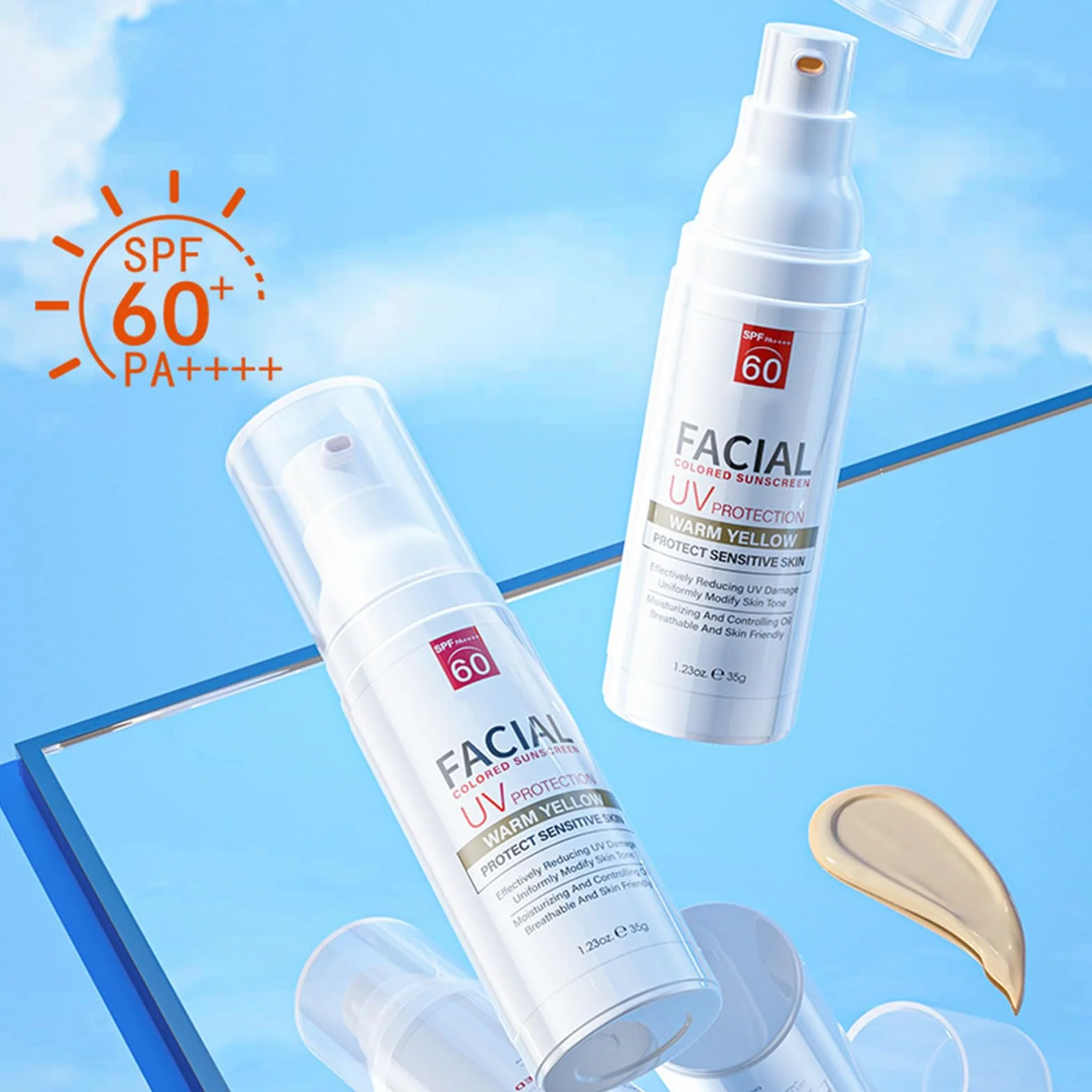 SPF 60+ krem przeciwsłoneczny do twarzy zapewnia wysoką ochronę przed promieniowaniem UV, wodoodporny, lekka tekstura, do skóry wrażliwej, do codziennego użytku, kompatybilny z makijażem, szybko się