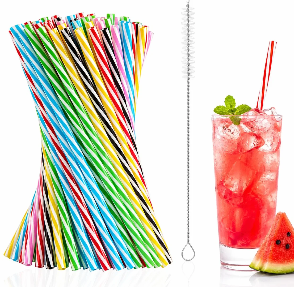 Plastikowe słomki wielokrotnego użytku 80 sztuk z szczoteczką do smoothie, soków, napojów gorących (0,28 cala, 9,06 cala)