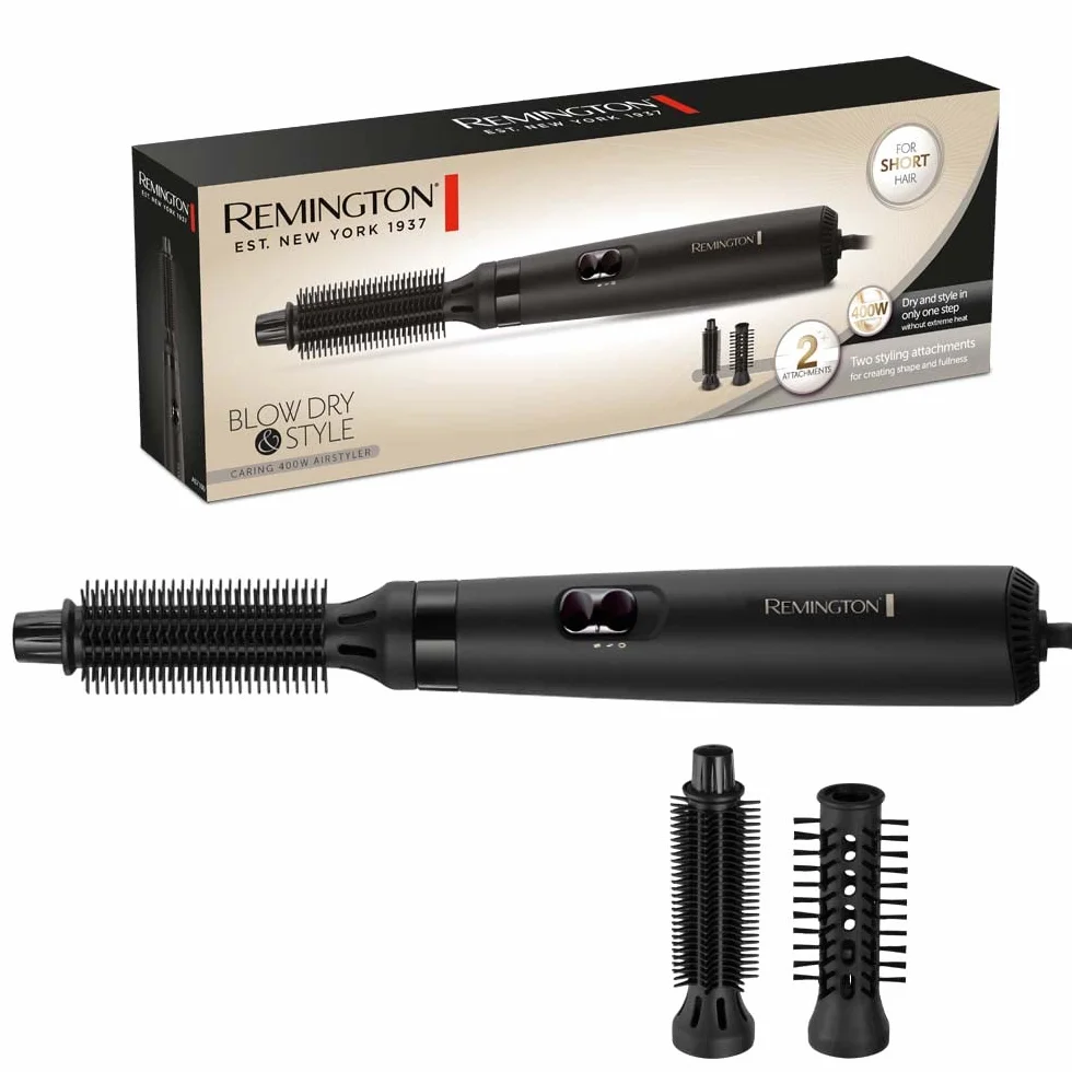 Remington suszarko-lokówka, odpowiednia dla włosów krótkich, 2 wymienne nasadki, 19mm, 25mm z miękkim włosiem, 2 ust. temperatury i prędkości, obrotowy przewód, moc 400W, Blow and Dry, AS7100, czarny