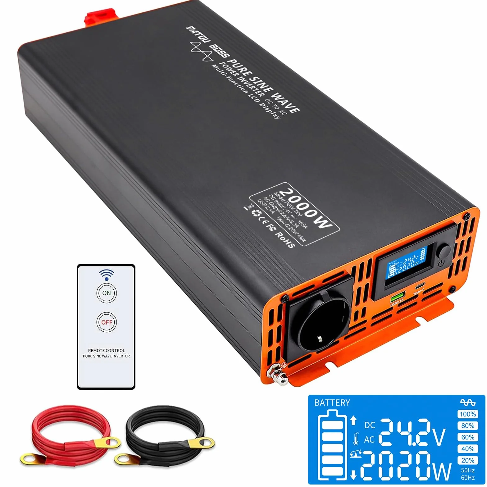 DATOUBOSS Przetwornica 24v 230v Czysty Sinus 2000W/4000W konwerter samochodowy falownik z pilot zdalnego sterowania i wyświetlaczem LCD 1 gniazda AC-pilot zdalnego i 1 x port USB 1X Port type-C