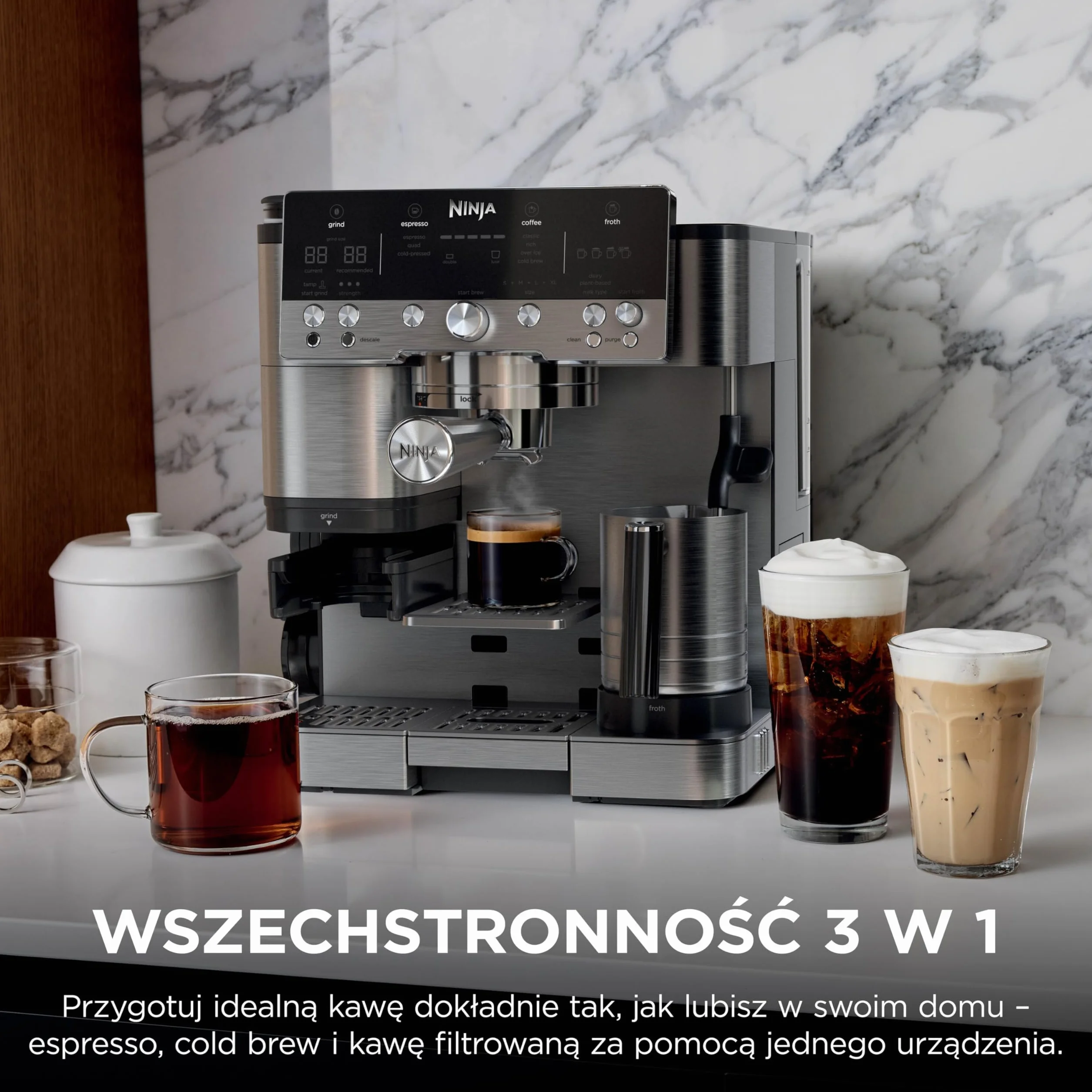 Ninja Luxe Premier Ekspres do kawy 3 w 1 ES601EU, latte, cappuccino, cold brew, espresso, wbudowany młynek, spieniacz do mleka, srebrny
